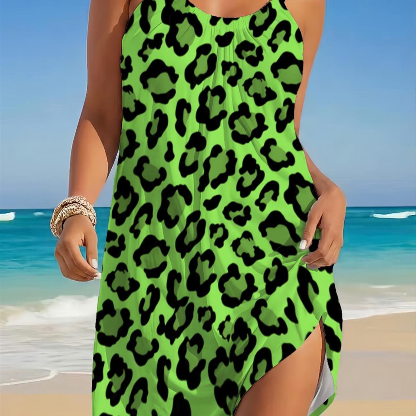 Image of Women's Vibrant Lime Green And Black Graphic Leopard Print Halter Dress? High-contrast Animal Pattern Sleeveless A-line Summer Tank Top