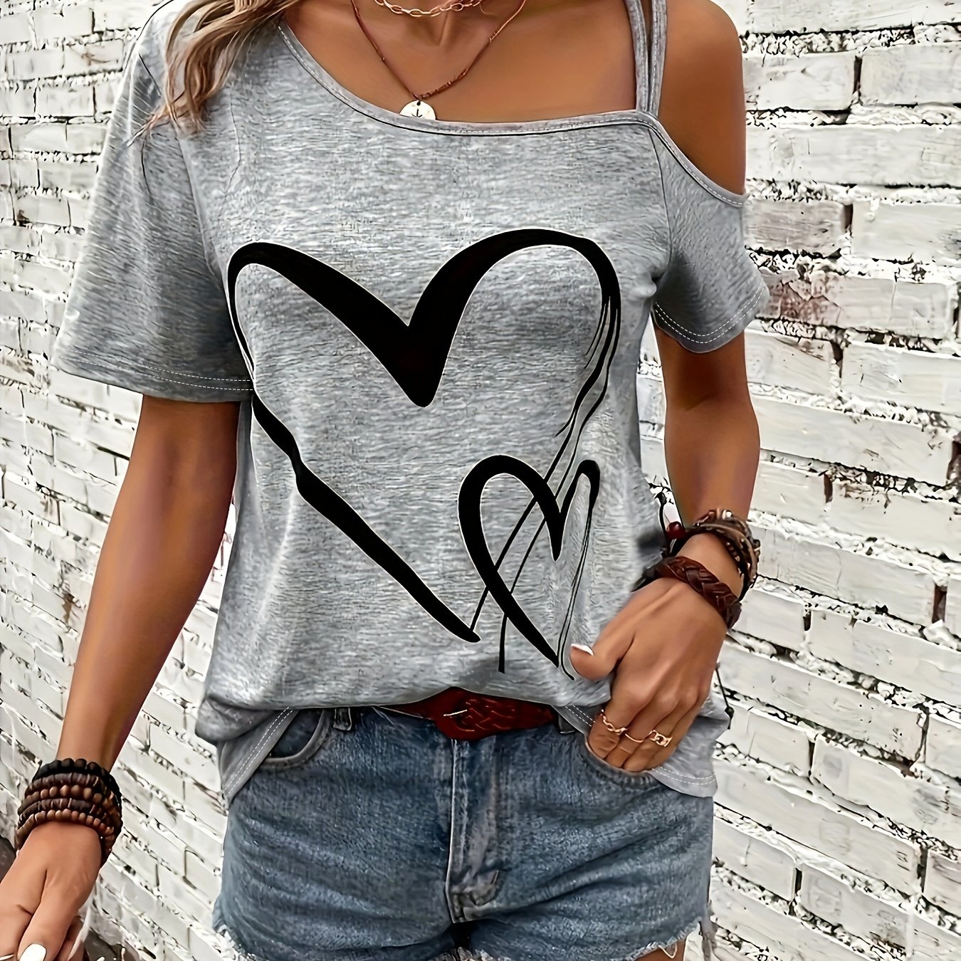 TEMU Heart Print Slant Shoulder T-shirt, Casual Short Sleeve Top For , Women's Clothing