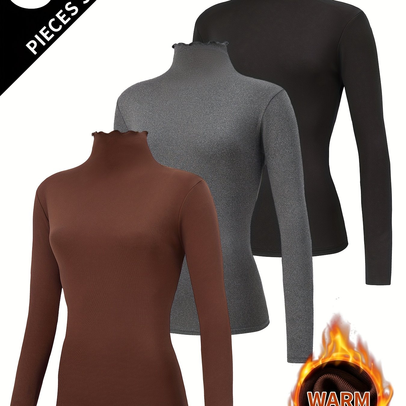 TEMU 3 T-shirts de base chauds à manches longues et col pour femmes avec col en dentelle, vêtements d'automne, t-shirt de base intérieur slim pour