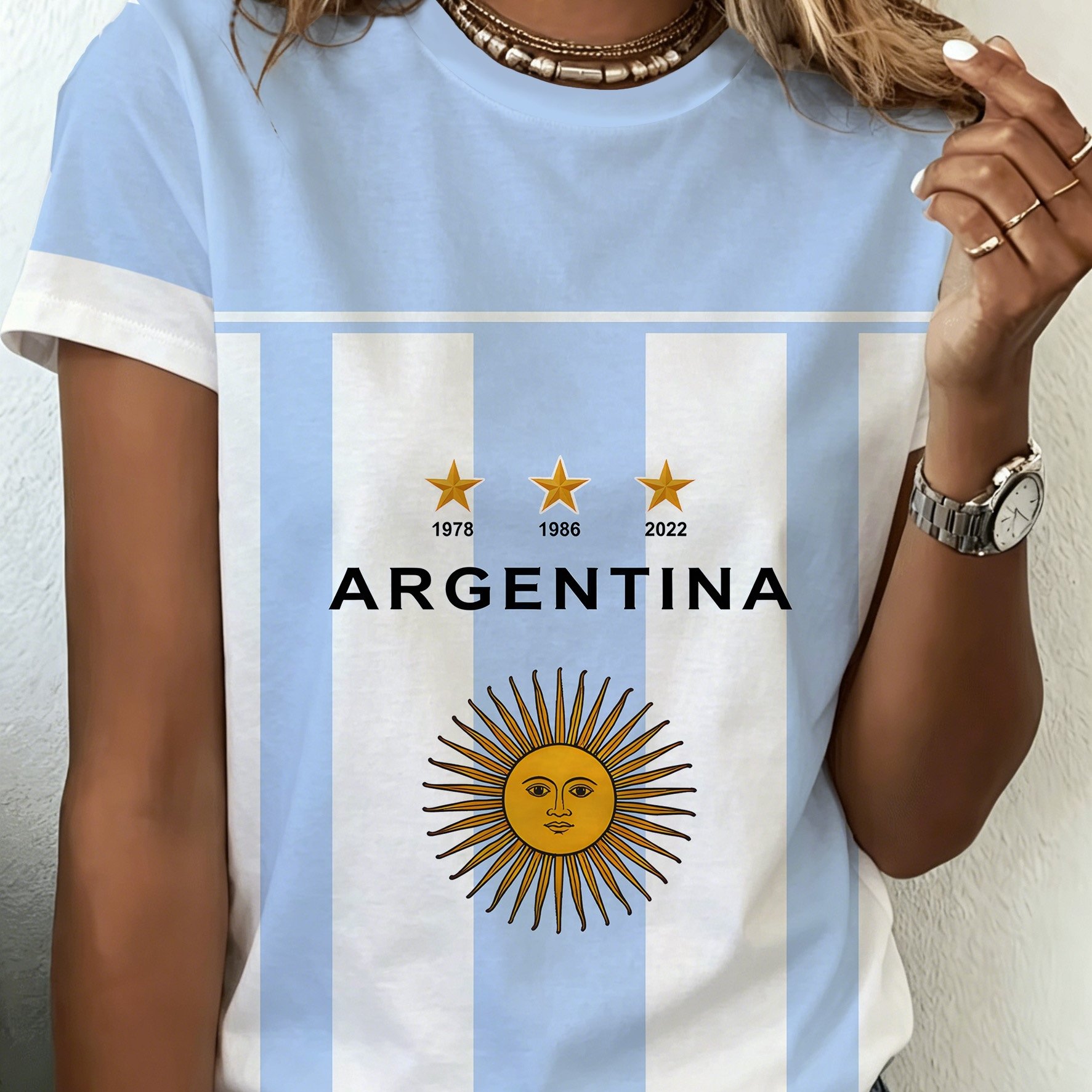 TEMU Fashion Women's Clothing Blue White Striped Sun Round Neck T-shirt Soccer Event Fan Essential Summer Versatile Fashion Casual T-shirt Trendy
