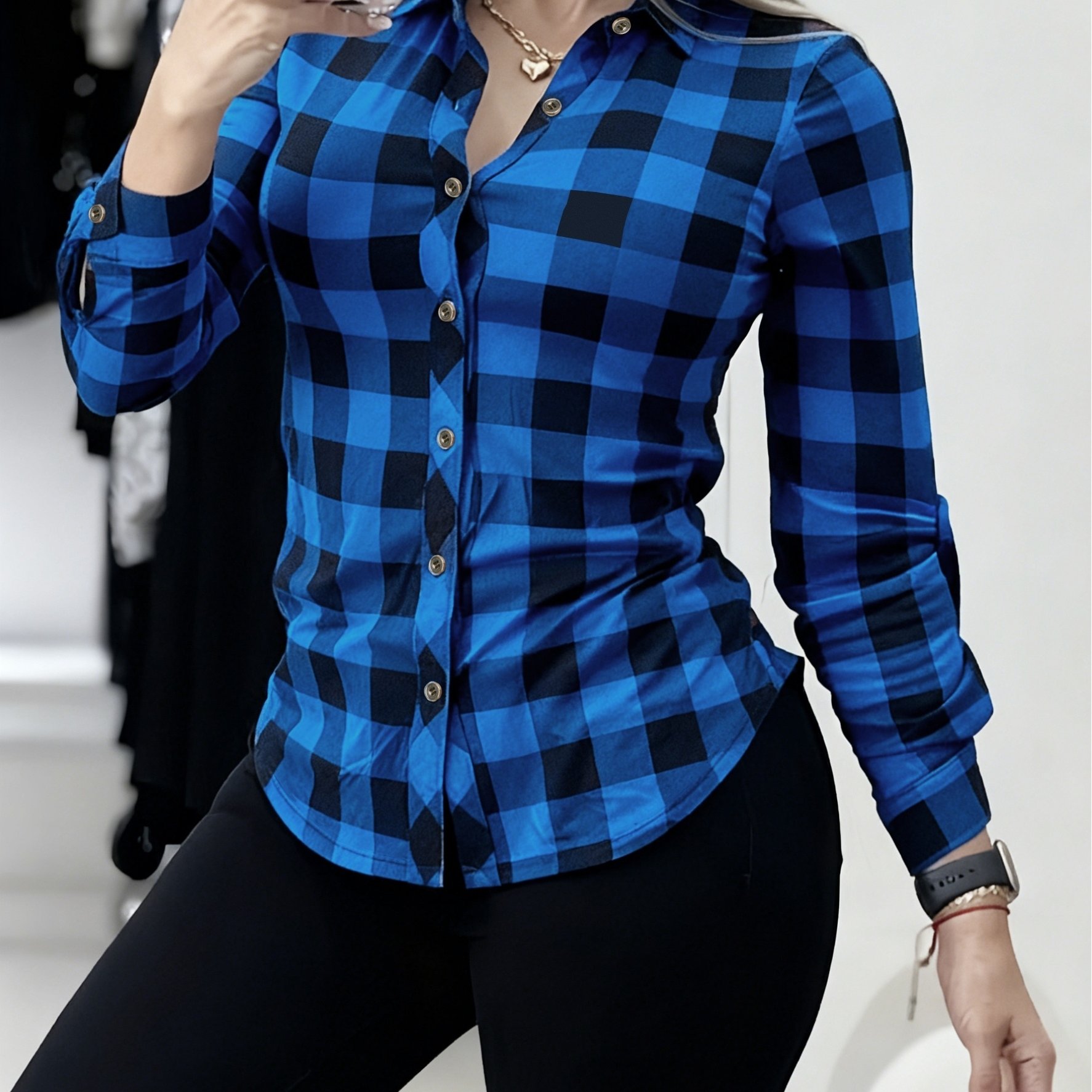 E-shop Elegantes Damen-Hemd mit besonderer Linie, langen Ärmeln Knopfleiste – Bluse mit lockerer Passform, Reverskragen, kariert ( & Farbe), einreihige
