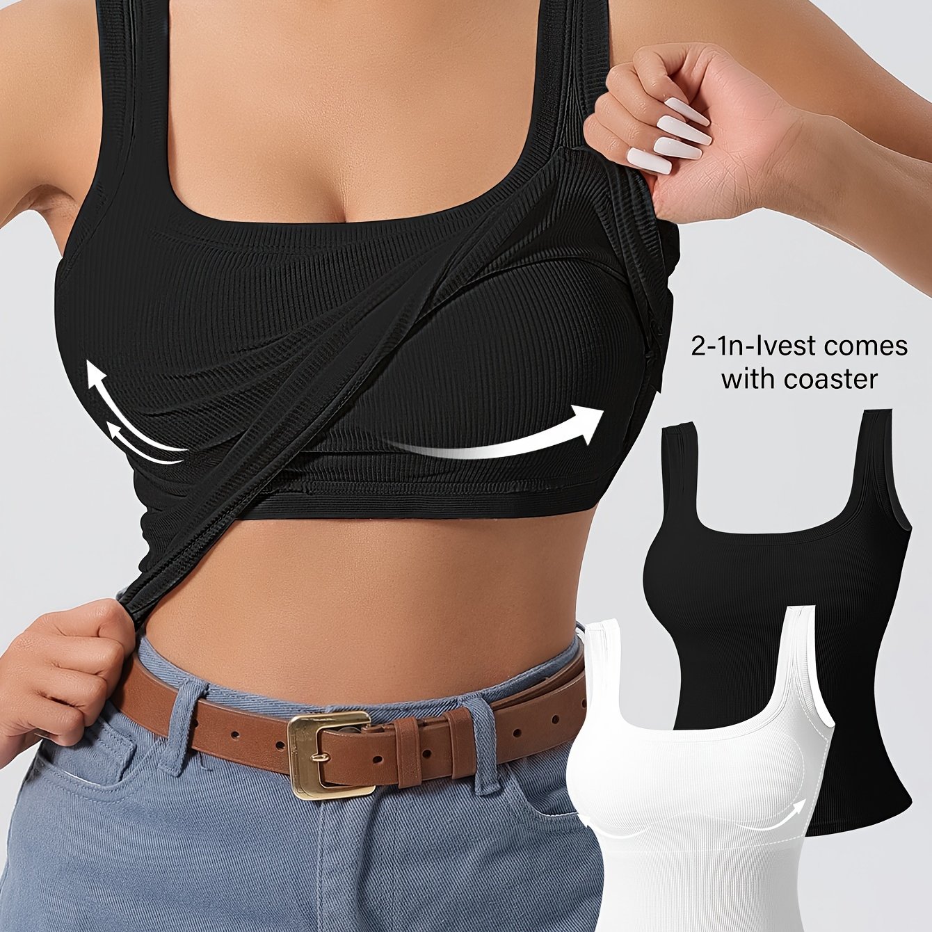 Directional Development 2pcs Large Vest For Women With Removable Pads, Solid Color Inner Wear And Outer Wear Base Layer Tank Top