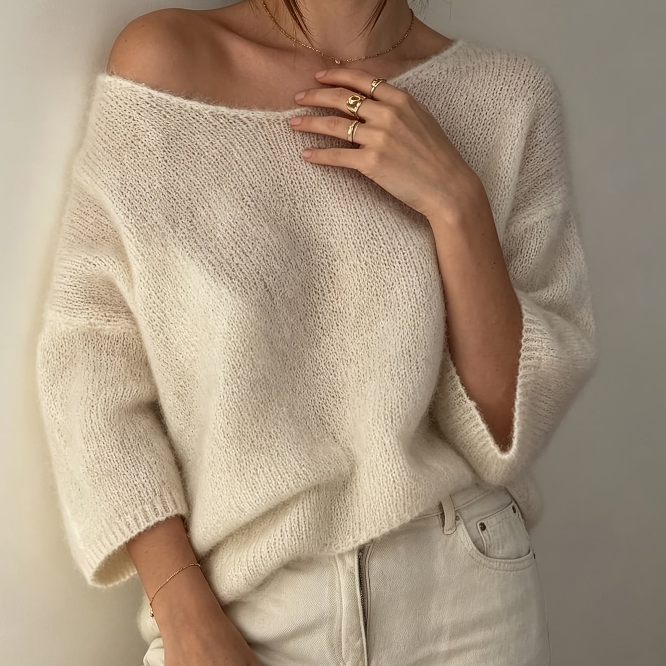 TEMU V-neck Pullover Sweater For Women, Elegant Soft And Hollow-out Semi-sheer Design, Solid Color Loose Fit Versatile Top For Women