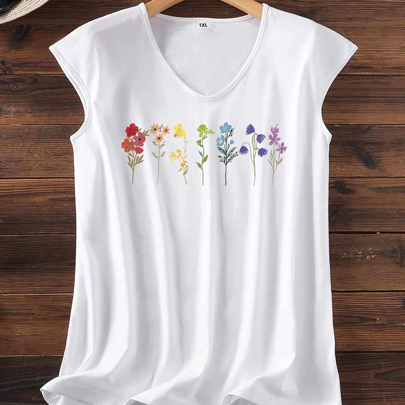 TEMU Plus Size - Plus Size - Plus-size Sleeveless V-neck Loose Tank Top Made Of Featuring A Vibrant Multicolored Graphic Designâideal Nature-inspire