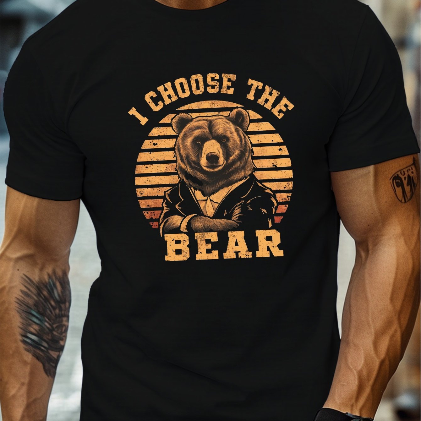 TEMU Plus Size Men's Summer T-shirt, Luxurious Bear Sunset Design Graphic Print Short Sleeve Tees Trend Casual Tops For Daily Life, Big & Tall Guys