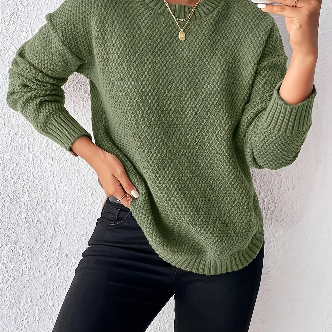 TEMU Autumn Winter Women's Elegant Solid Color Round Neck Pullover Sweater