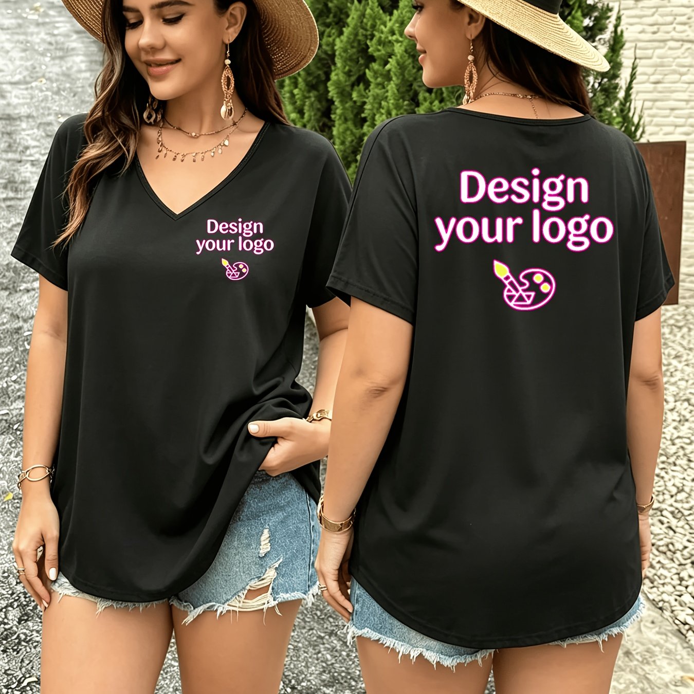 TEMU Plus Size - Plus Size - Custom-made Plus Size Fashion Women's Plus Size V-neck Short-sleeved Top----2 Sides