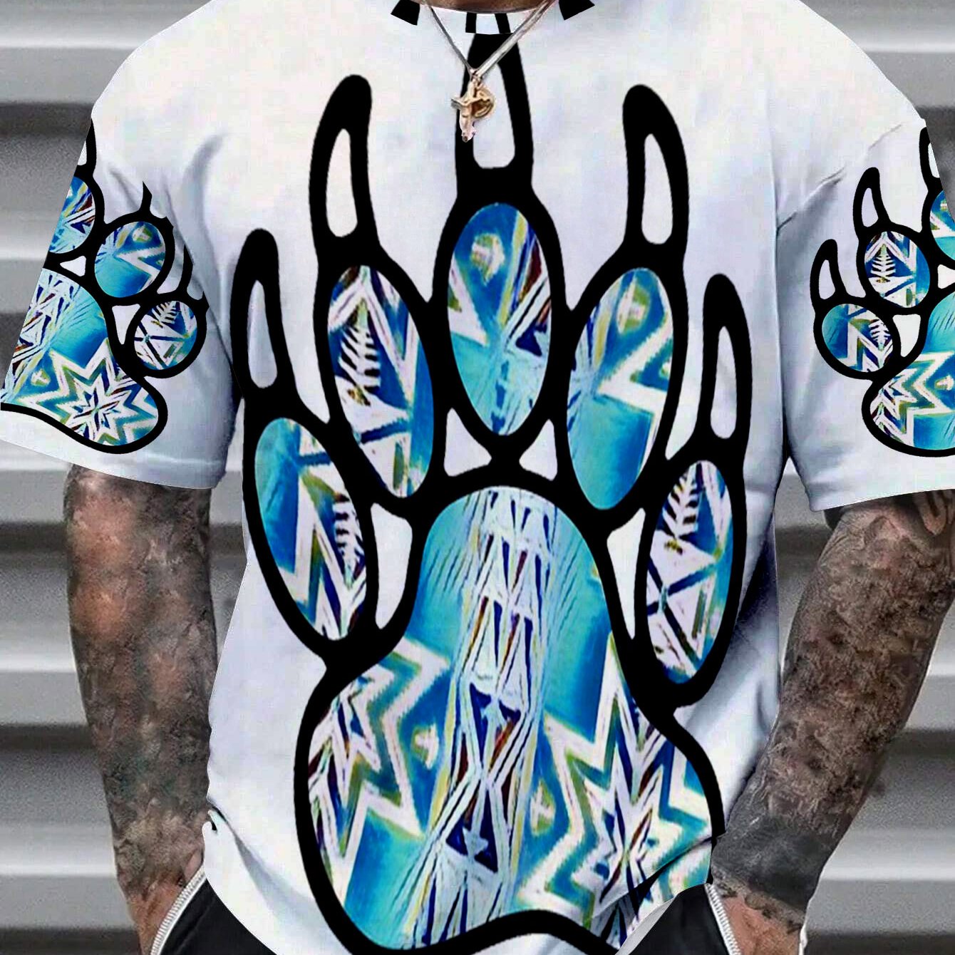 TEMU T-shirt tendance pour homme, motif patte d'ours local, turquoise et blanc, cadeau idéal pour et les pères