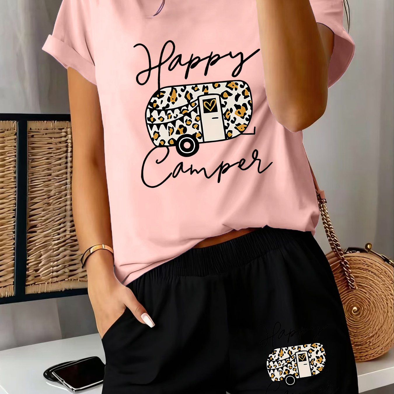 TEMU 2pcs Women' Print Short Sleeve & Matching Shorts - Van & Tent Pajamas, Sleepwear, Gym Outfit | Soft Breathable Summer Pajamas Suitable For