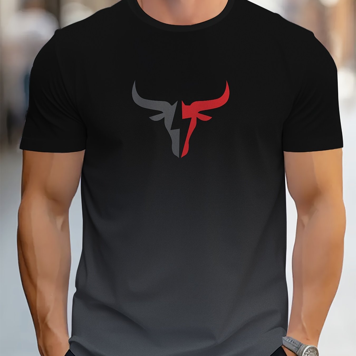 TEMU Men's Casual With Red & Gray Bull Logo - Short Sleeve, Round Neck, Fit, Outdoor Sports & Casual Wear, Outdoor Sports Apparel | Graphic Tee |