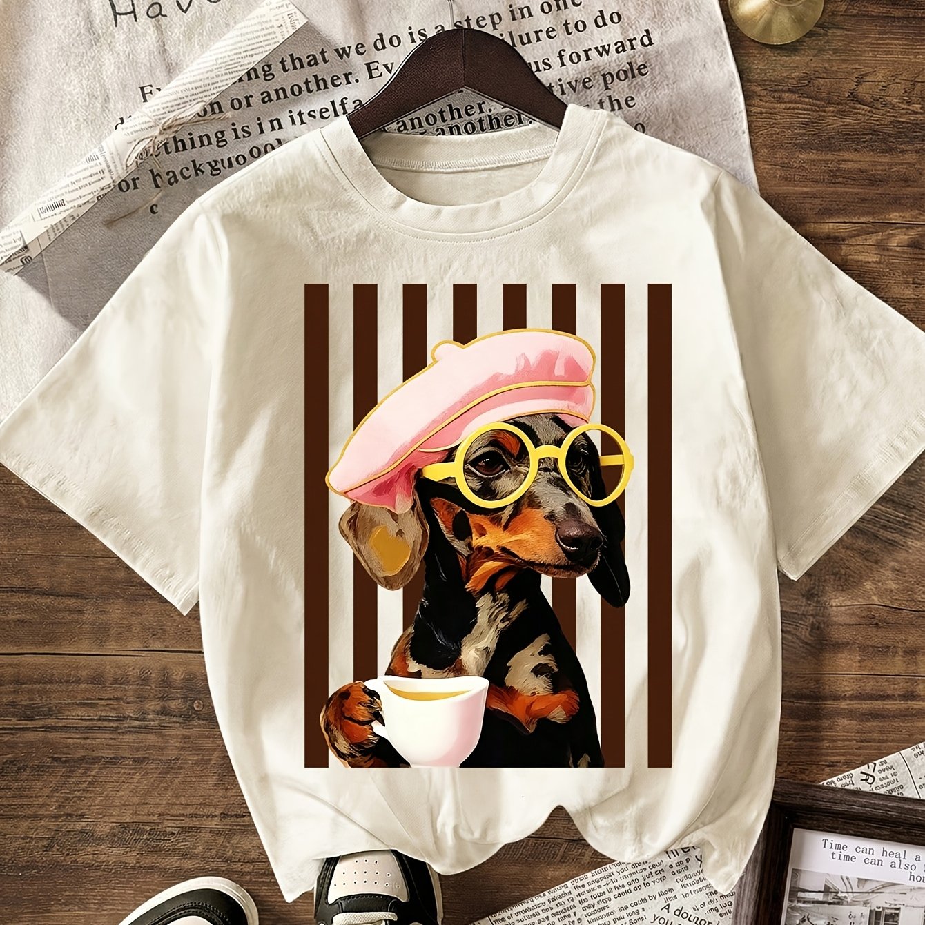 TEMU Cute Striped Sausage Dog T-shirt Summer Clothes For Women, Casual Round Neck Short Sleeve Tee