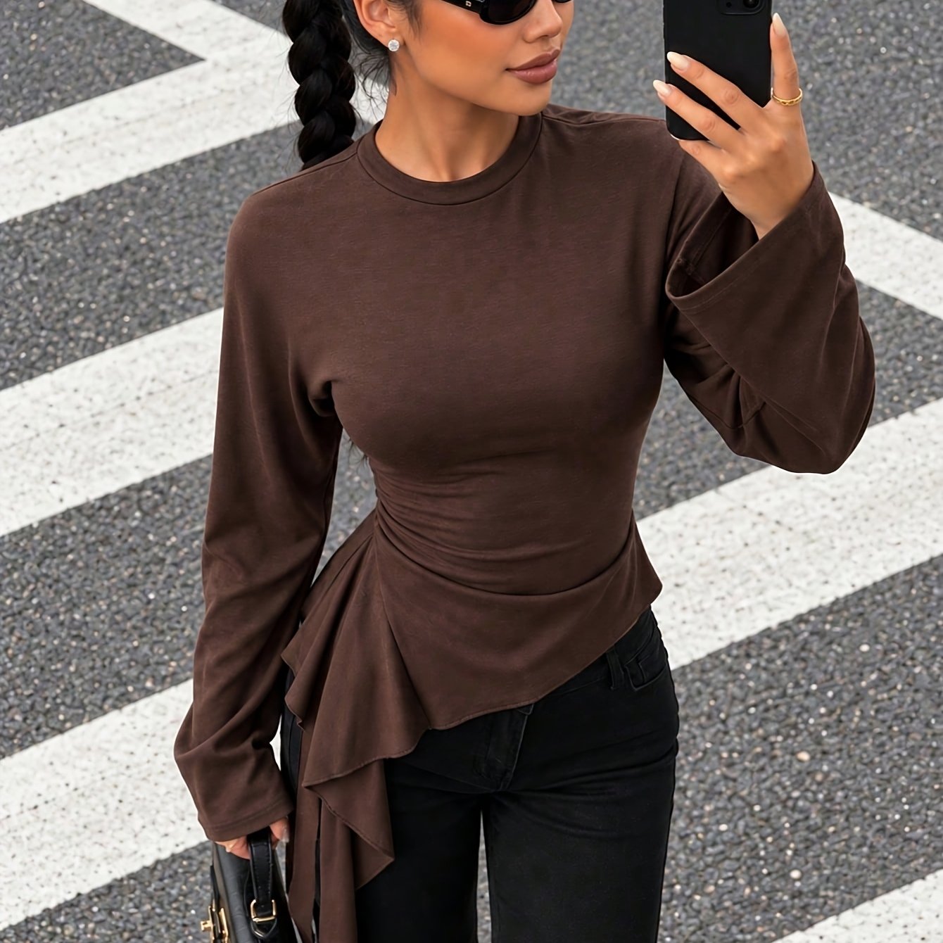 TEMU New Autumn Fashion: Simple And Elegant Solid Color Asymmetric Hem Long Sleeve Crew Neck T-shirt Top For Women. Women's Crew Neck Long Sleeve