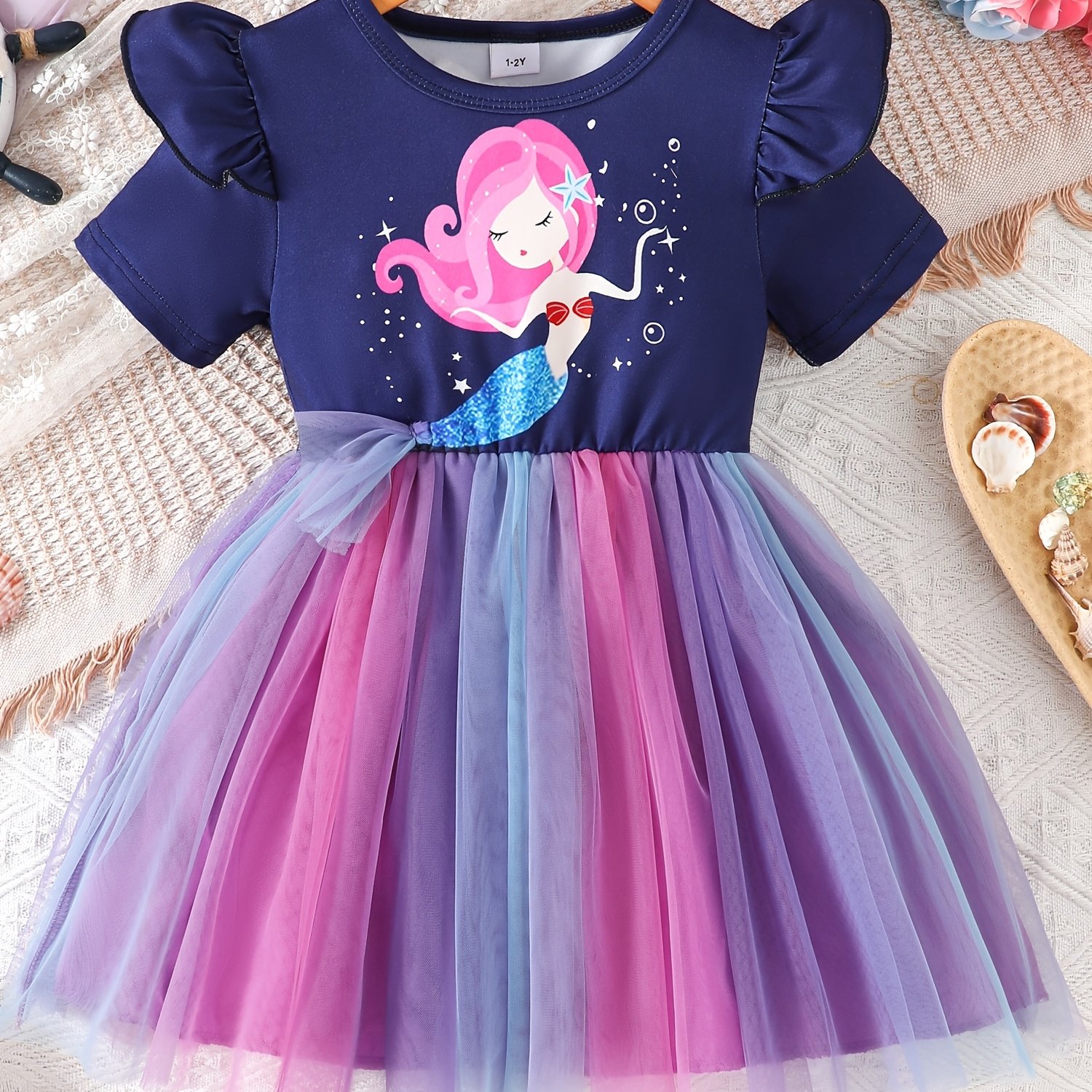 Image of Girls' Toddler Baby Summer Dress Puff Sleeve Round Neck Cartoon Mermaid Print 3d Mesh Tail Colorful Tulle Skirt Dress Fashion Outdoor Wear