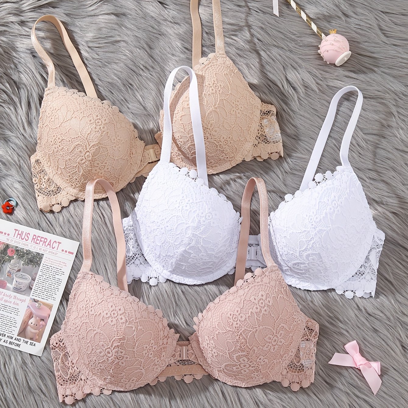 TEMU 3pcs Sexy Lace Women's Thin Cup Bras, Push-up And Breathable. Adjustable Straps, Casual Attire