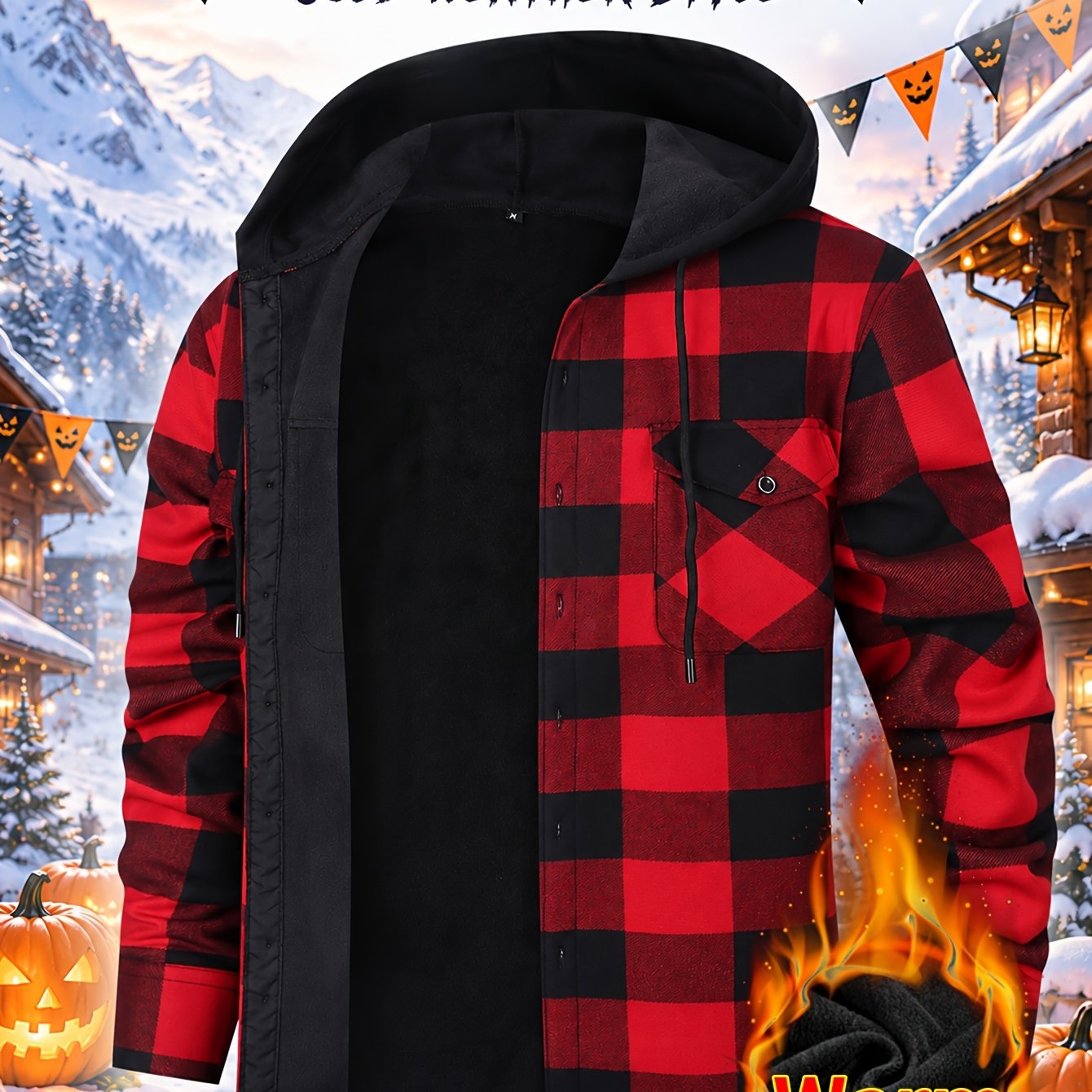 TEMU Hot! Men's Plaid Button-up Hooded Regular Fit Long Sleeve Shirt Outdoor Casual Shirt Jacket, European/american Sizes, Flannel With Pockets,