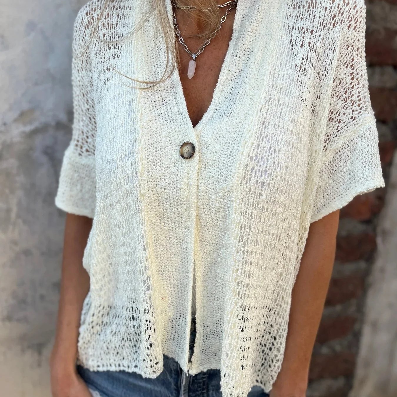 Hook Puff Sleeve Hollow Out Comfortable Breathable Cardigan Top