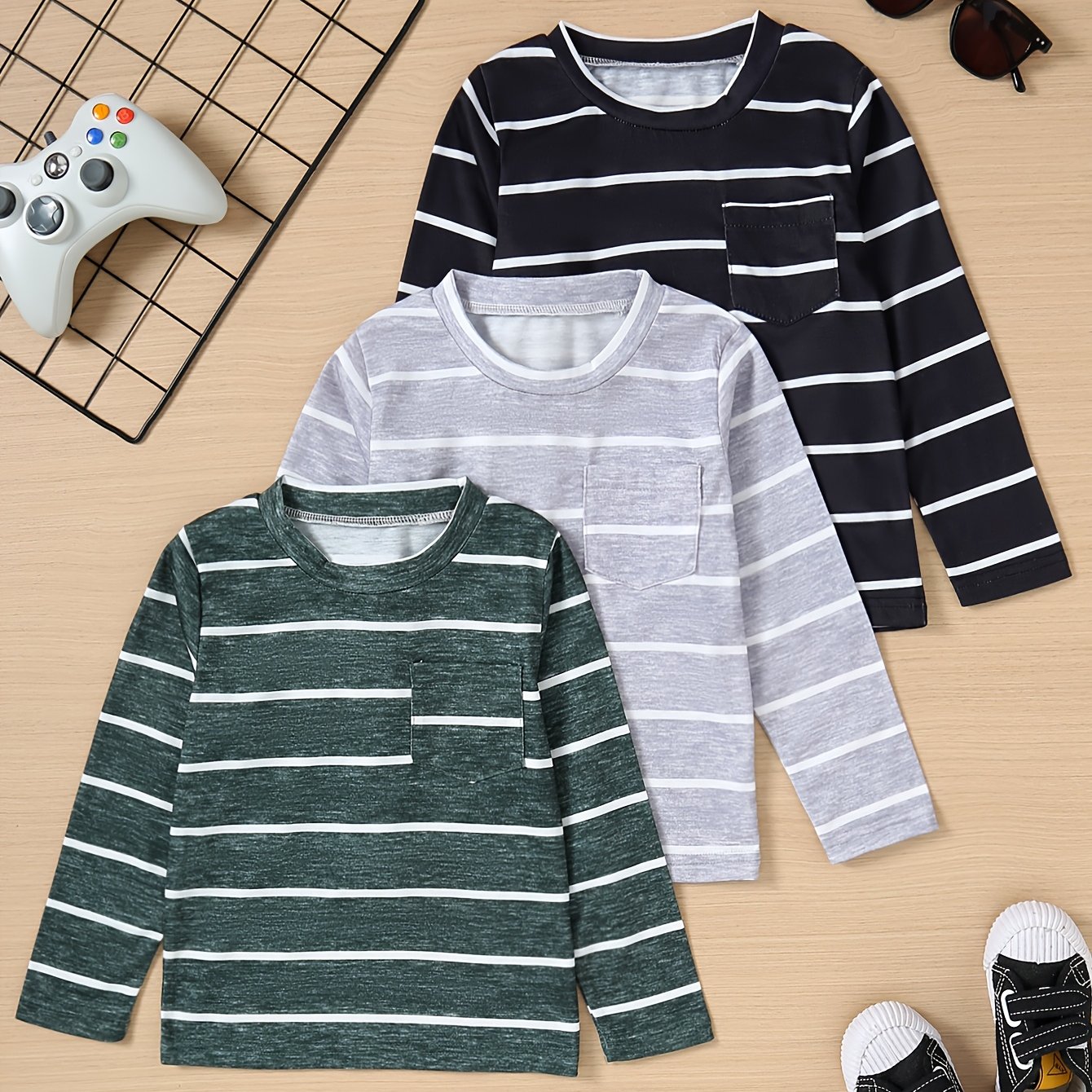 3pcs Set Of Classic Striped Soft Knit Long-sleeve Versatile Round-neck Tops For Boys Aged 4-7