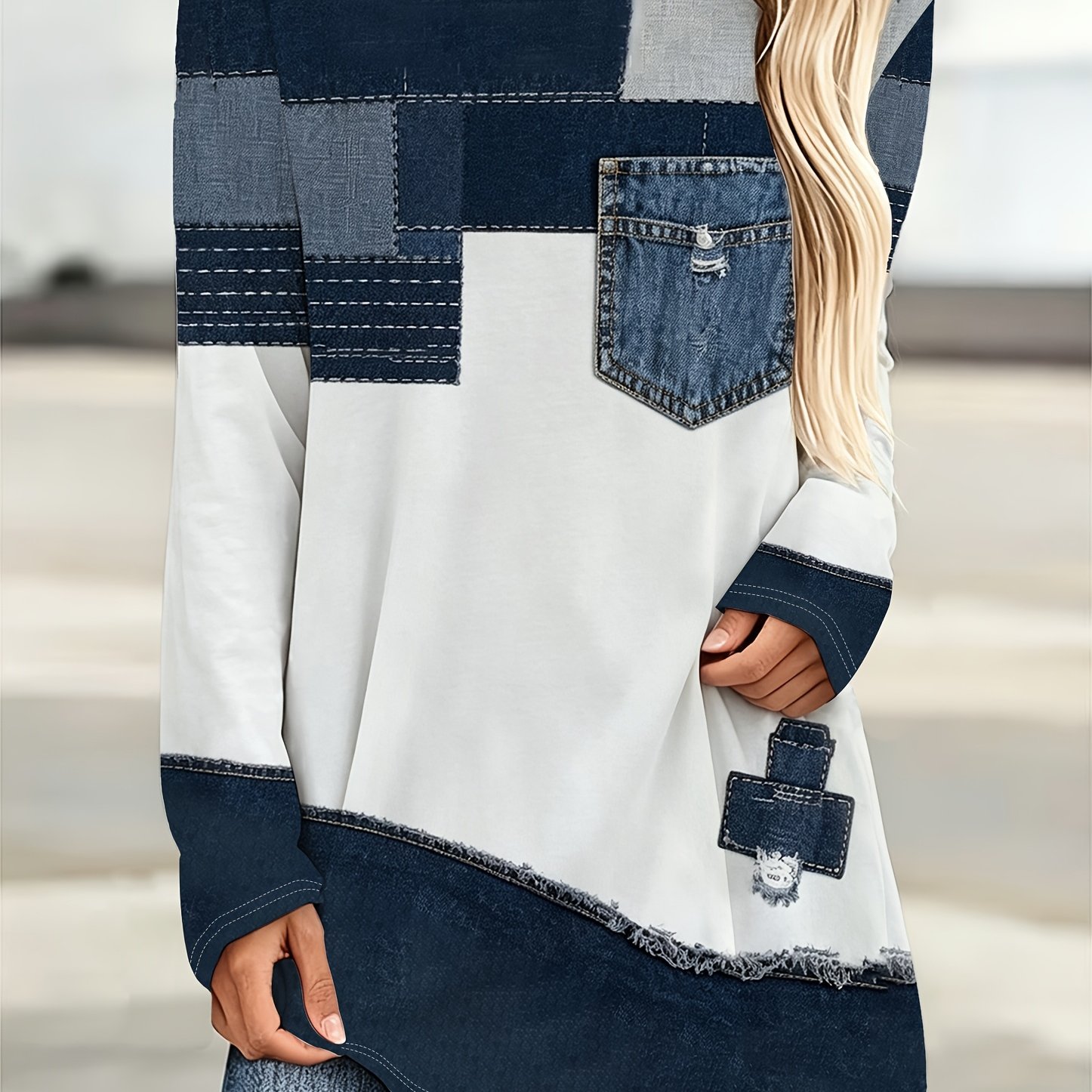 TEMU Printed Design - Non-real Texture Women's Plus Size European/ Patch Print Long Sleeve T-shirt, Neck Loose Fit Midi Top. Simple Round Neck, Loose