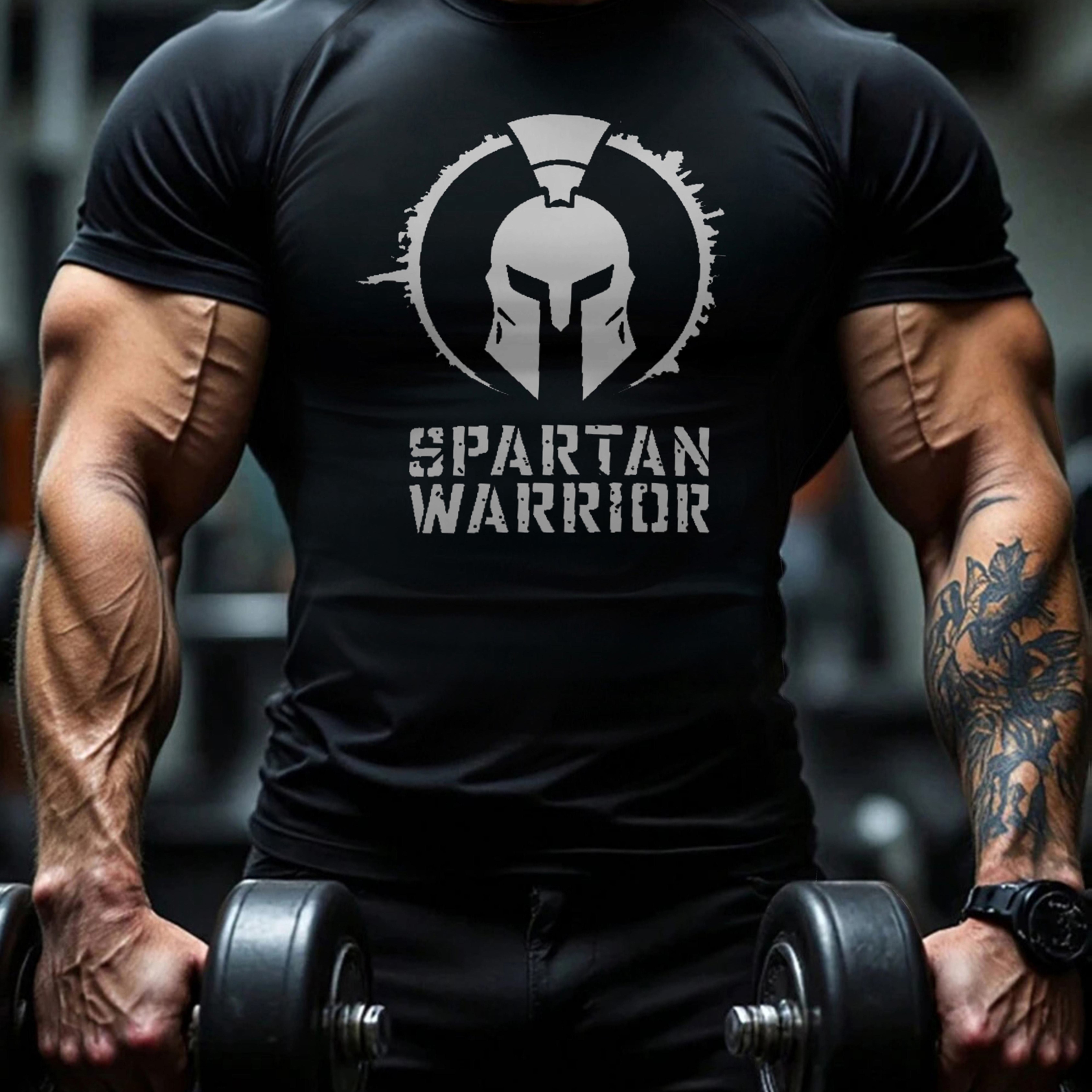Image of Men' Warrior Compression Shirt - Muscle Support T-shirt With Sparta Print, Moisture-wicking Breathable High-elastic Performance Top Suitable For Gym, Bodybuilding, Running, Casual Streetwear, Wear