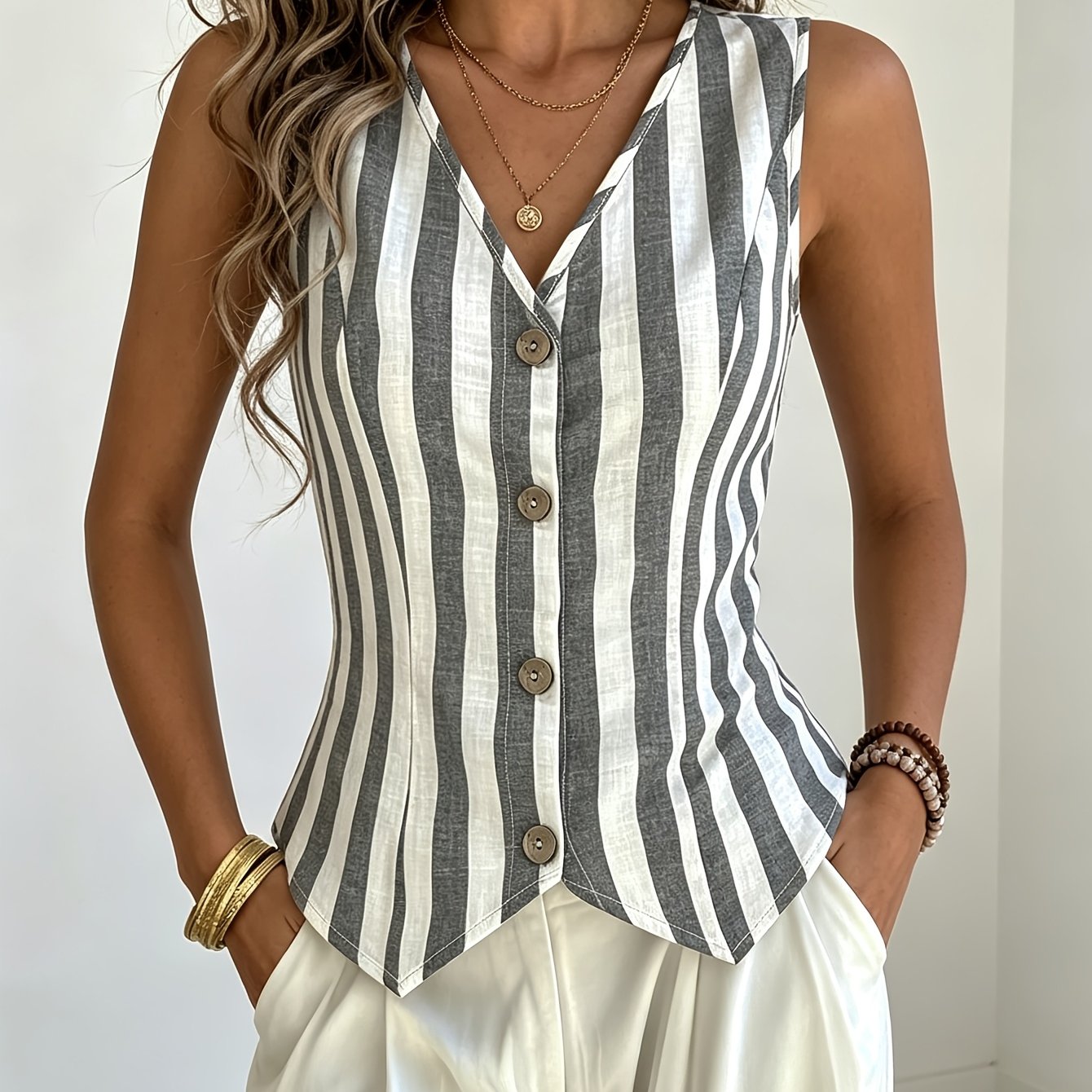 TEMU Fashionable Elegant Striped V-neck Single-button Vest Style Sleeveless Camisole Commute Versatile Layering Top