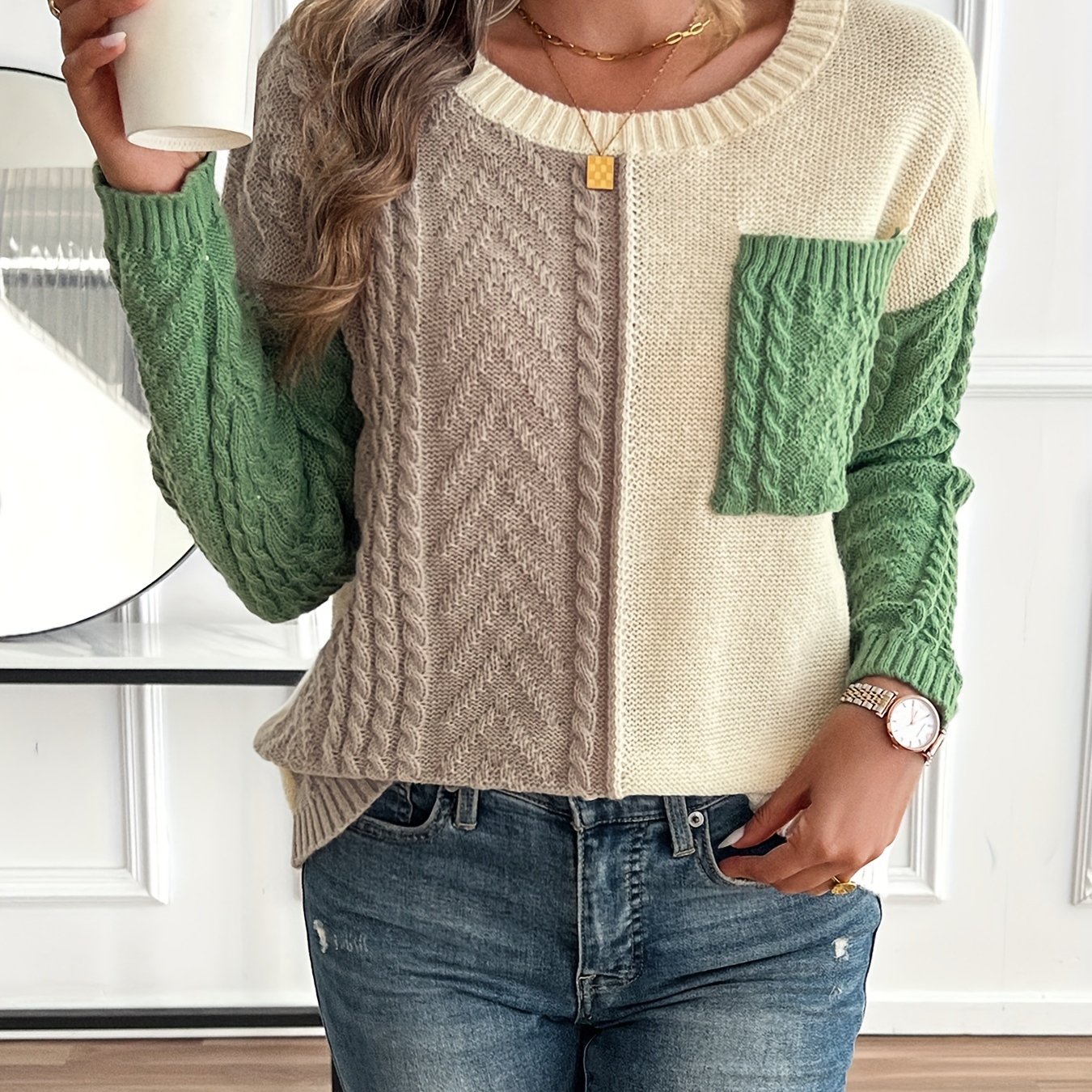 Image of Women's Cable Knit Sweater - Casual Pullover With Pocket, Long Sleeves, Round Neckline For Fall/winter, Fall Fashion Top | Design | Polyester Sweater, Cute Sweaters