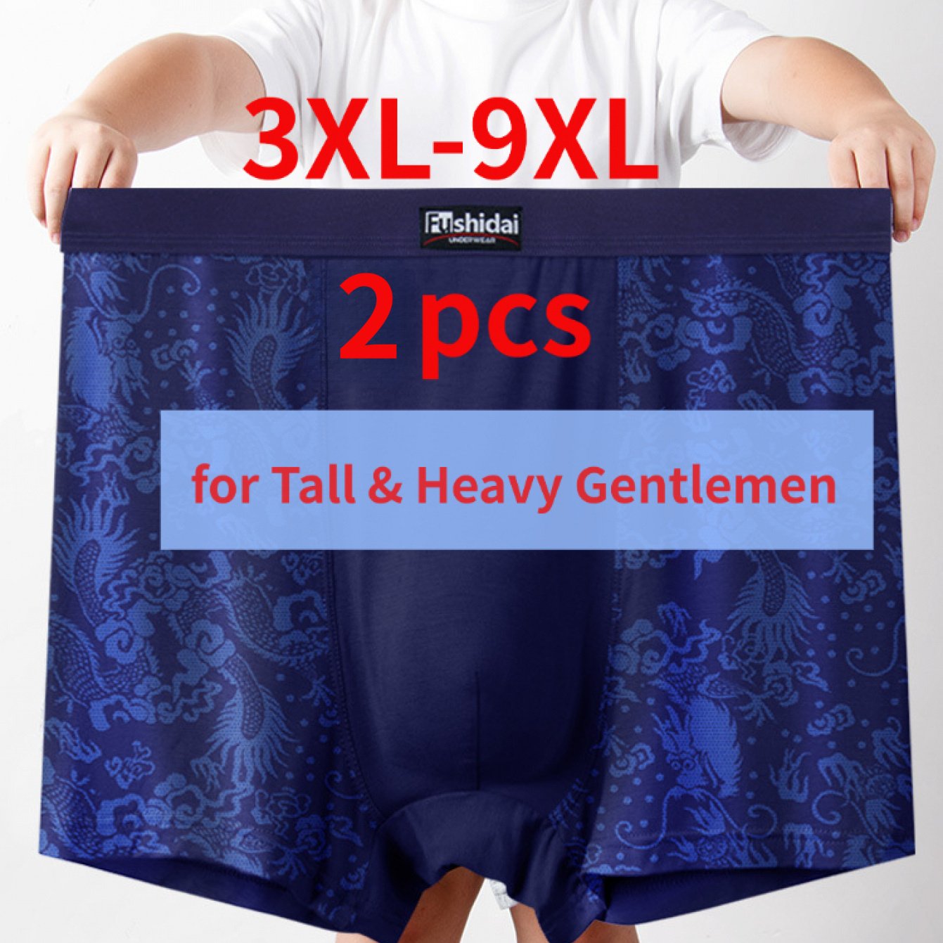 TEMU 2pcs Big And Tall Men's High-waist Boxer Briefs With Printed Wide Waistband, Modal Breathable Underwear For Fit And Support, Plus Size Boxers,