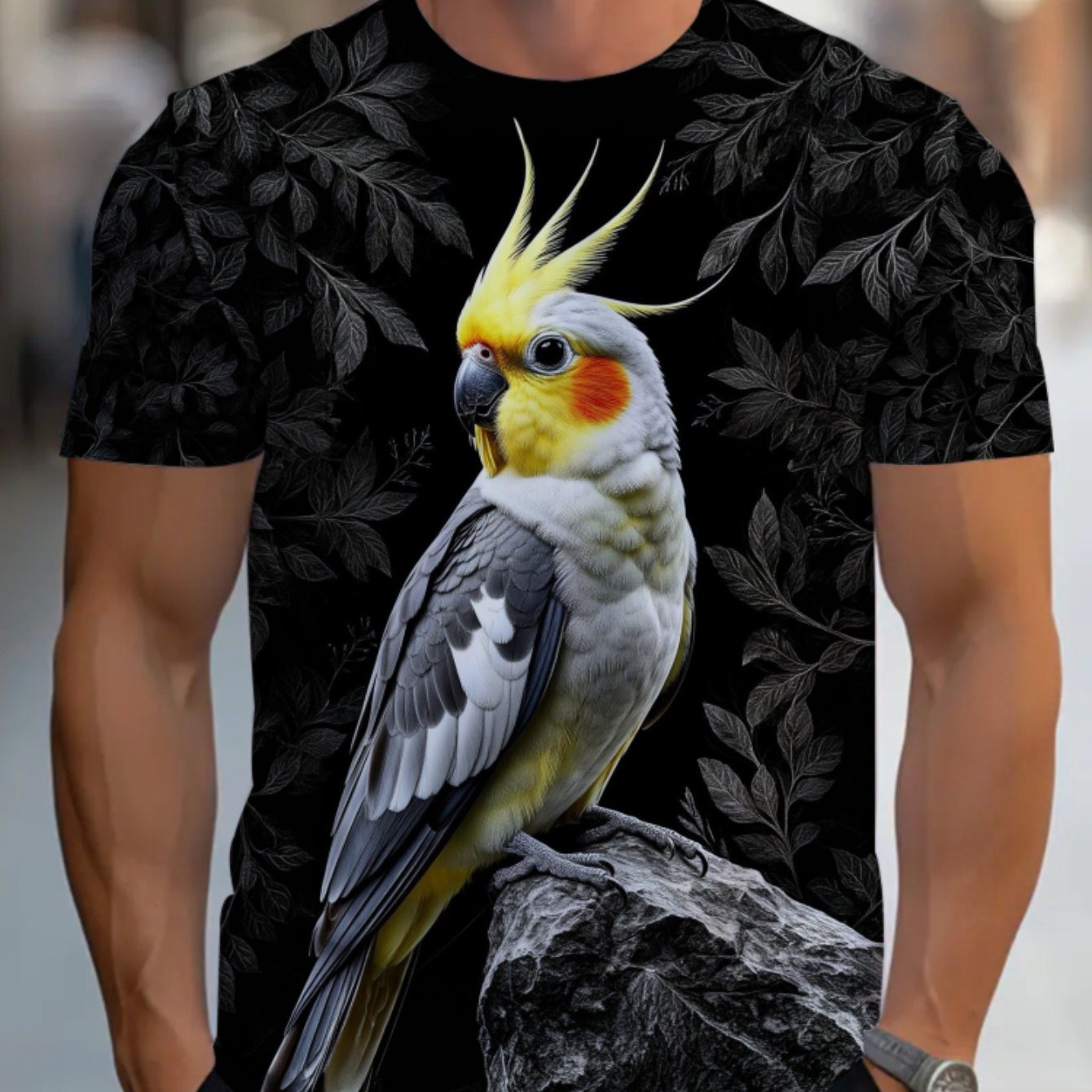TEMU Men's Summer Casual T-shirt With Colorful Cockatiel Print, Lightweight And Breathable, Perfect For Outdoor Activities, Camping, Or Daily Wear,