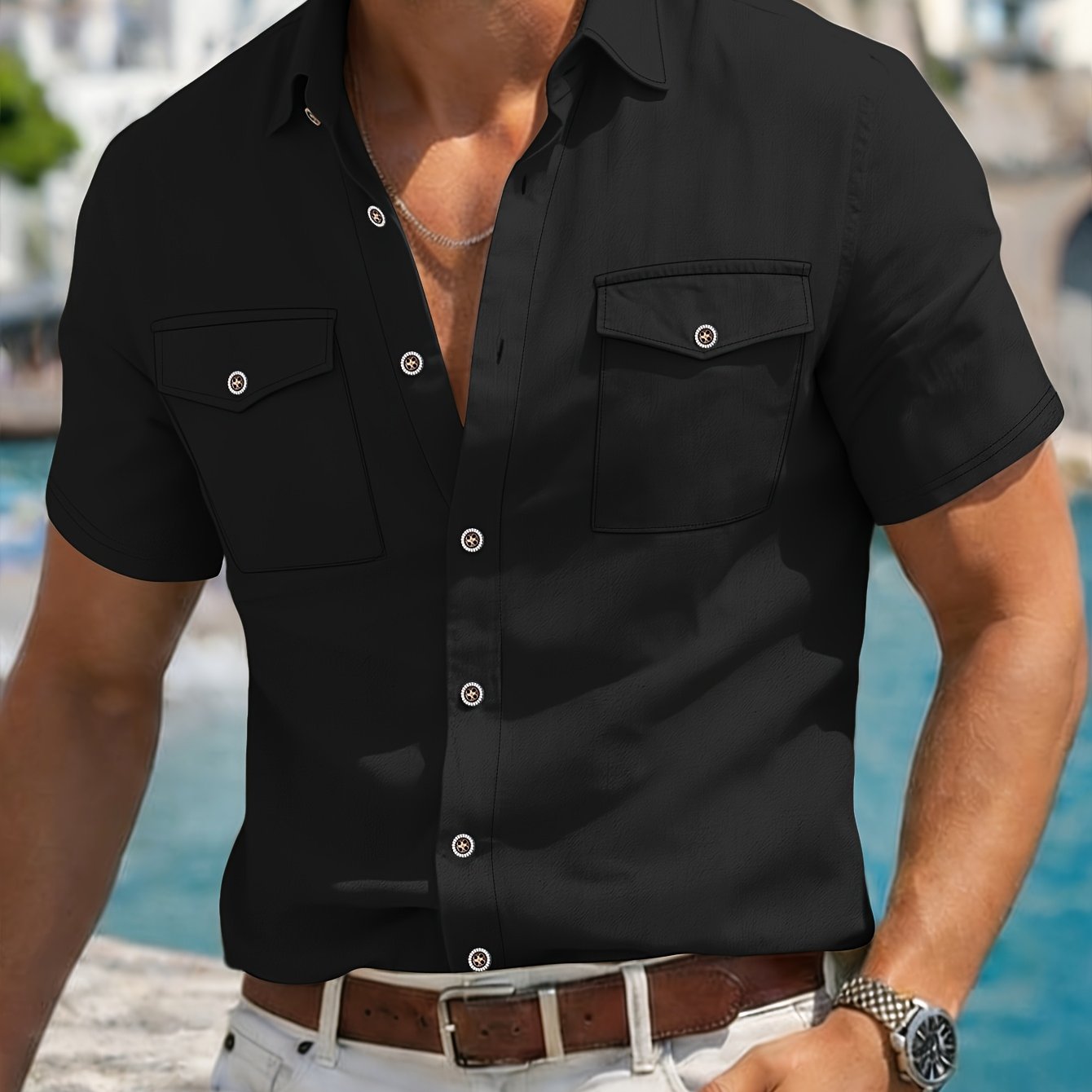 TEMU Men's Summer Linen Double-breasted Lapel Short-sleeve Shirt
