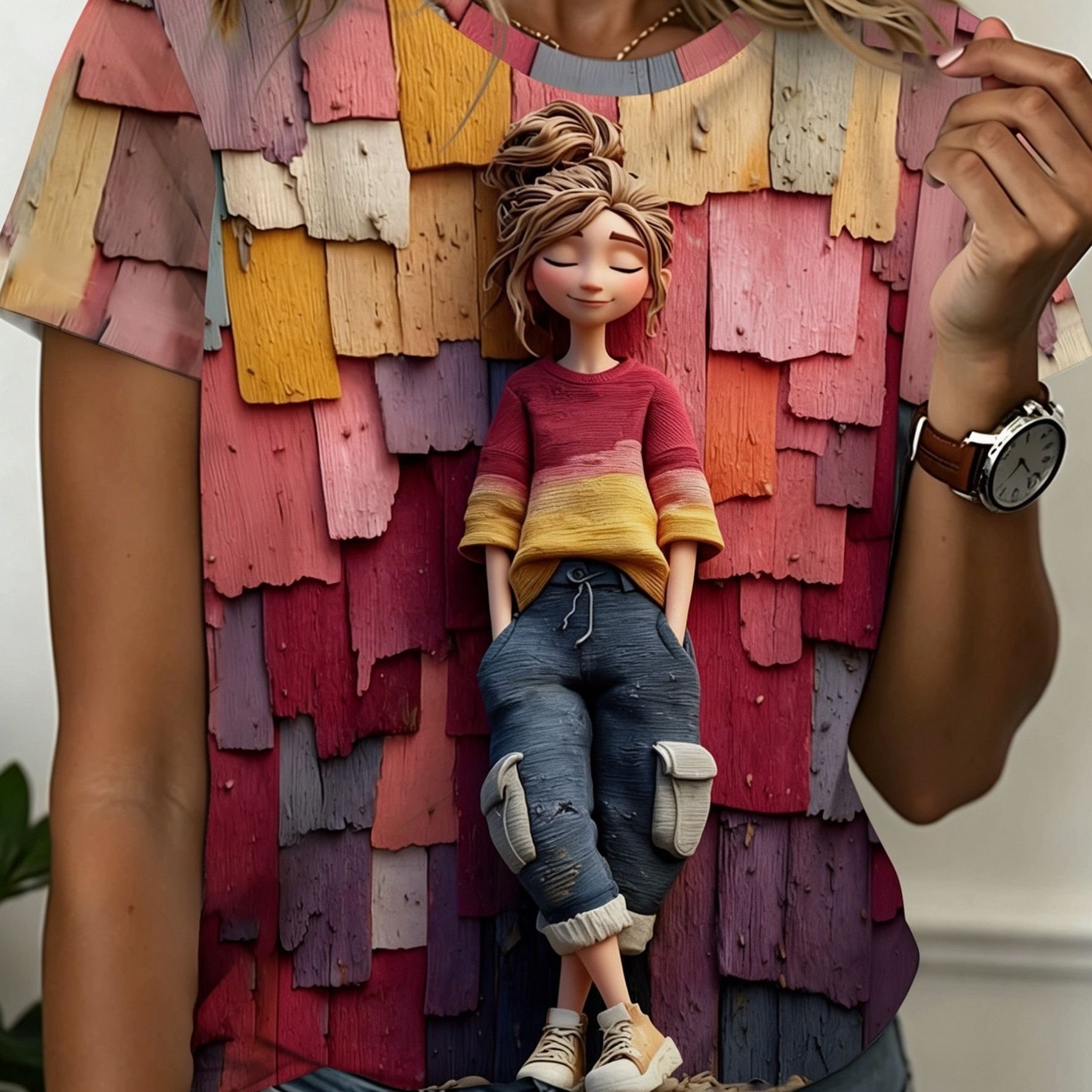 TEMU Women's Bohemian Clay T-shirt - Short-sleeve Casual Top With Clay & Design, Suitable For Spring Summer Fall Wear, Machine Washable Blouse Clay