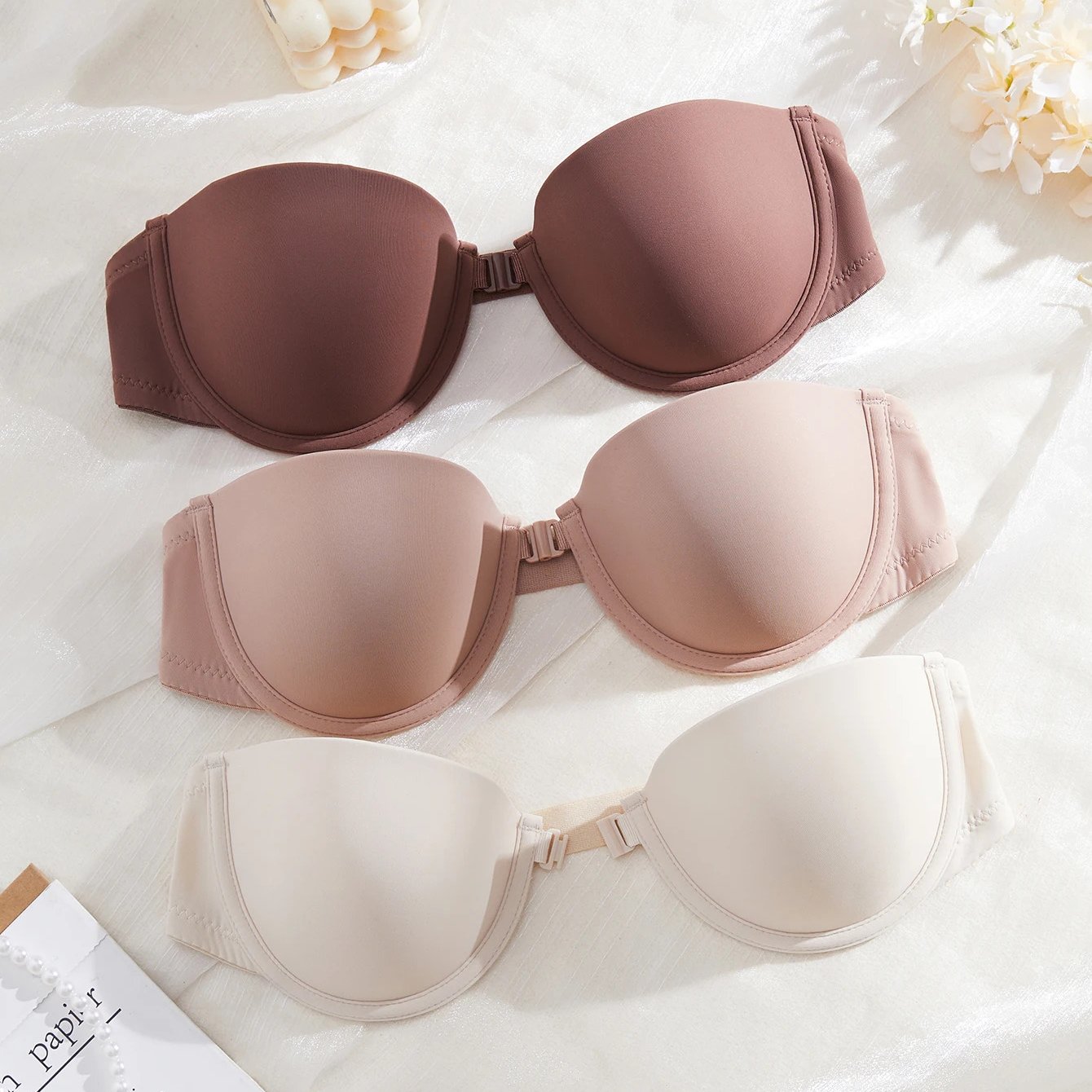 3pcs Seamless Women Push Up Bra Basic Underwire Bras Supportive And Comfortable Solid Strapless Women's Bras