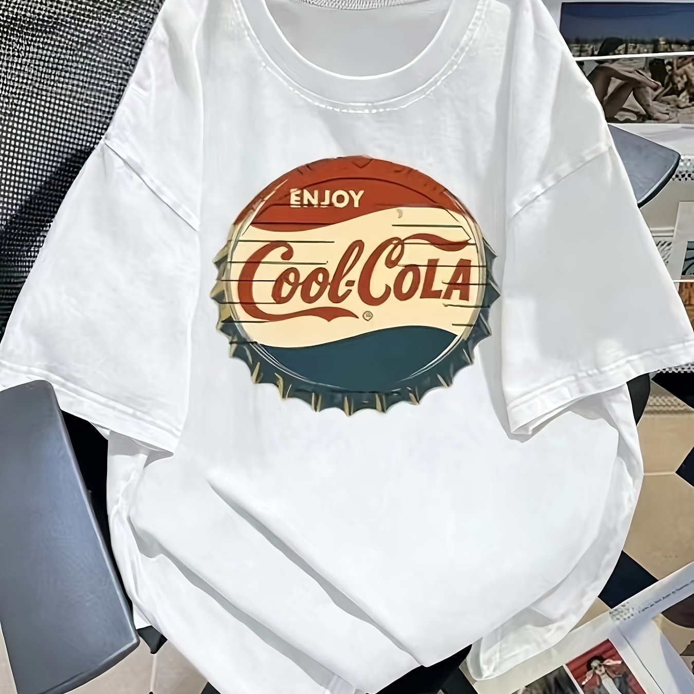 TEMU [2d Printed Design â Not Textured] Bottle Cap Print Women's T-shirt, Retro Beverage Graphic Casual Short Sleeve White Tee, Comfortable And