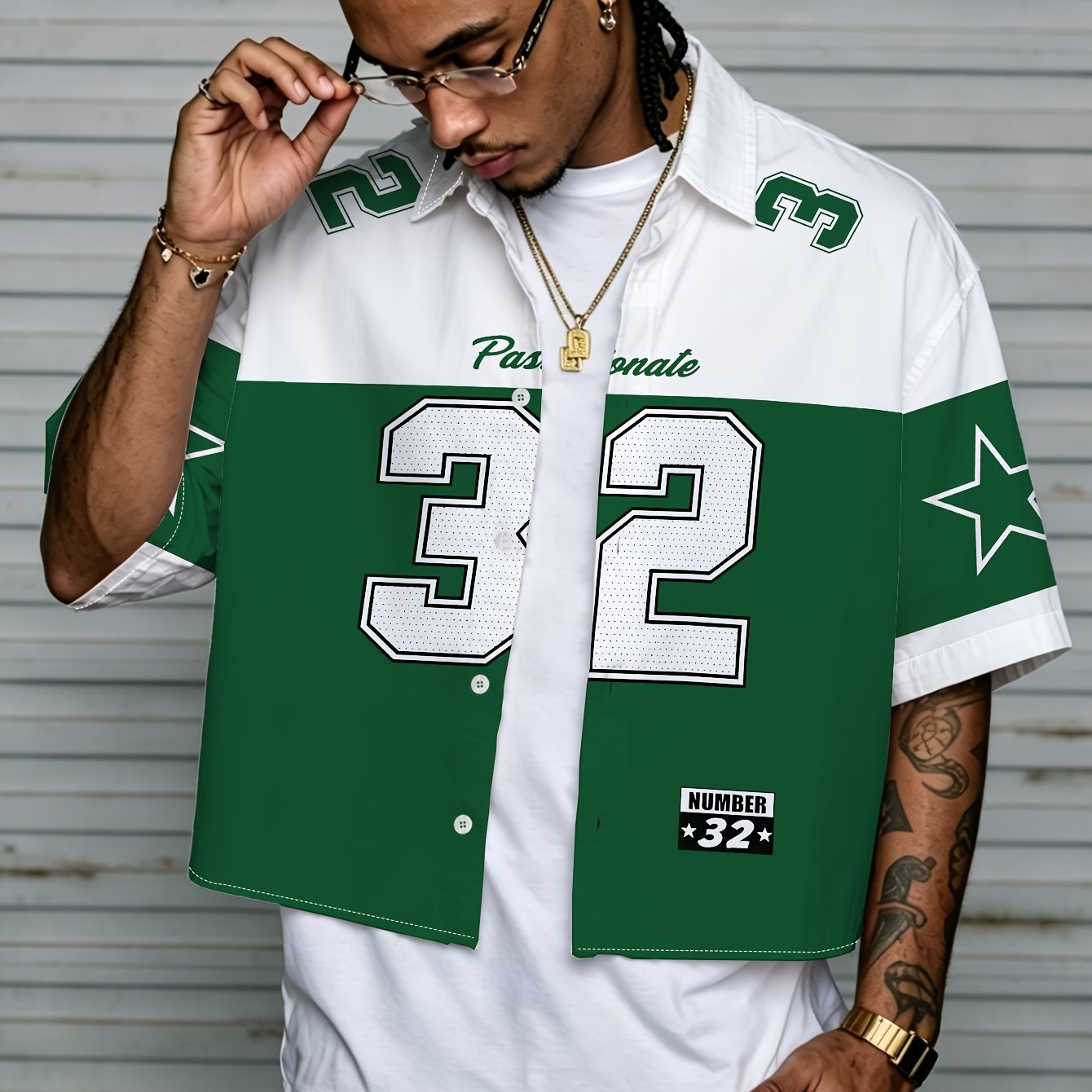 TEMU Men' Vintage American Number 32 Shirt - Retro Jersey Short Sleeve Collar Cropped Shirt With Number 32 Print, Loose Fit Suitable For Events,
