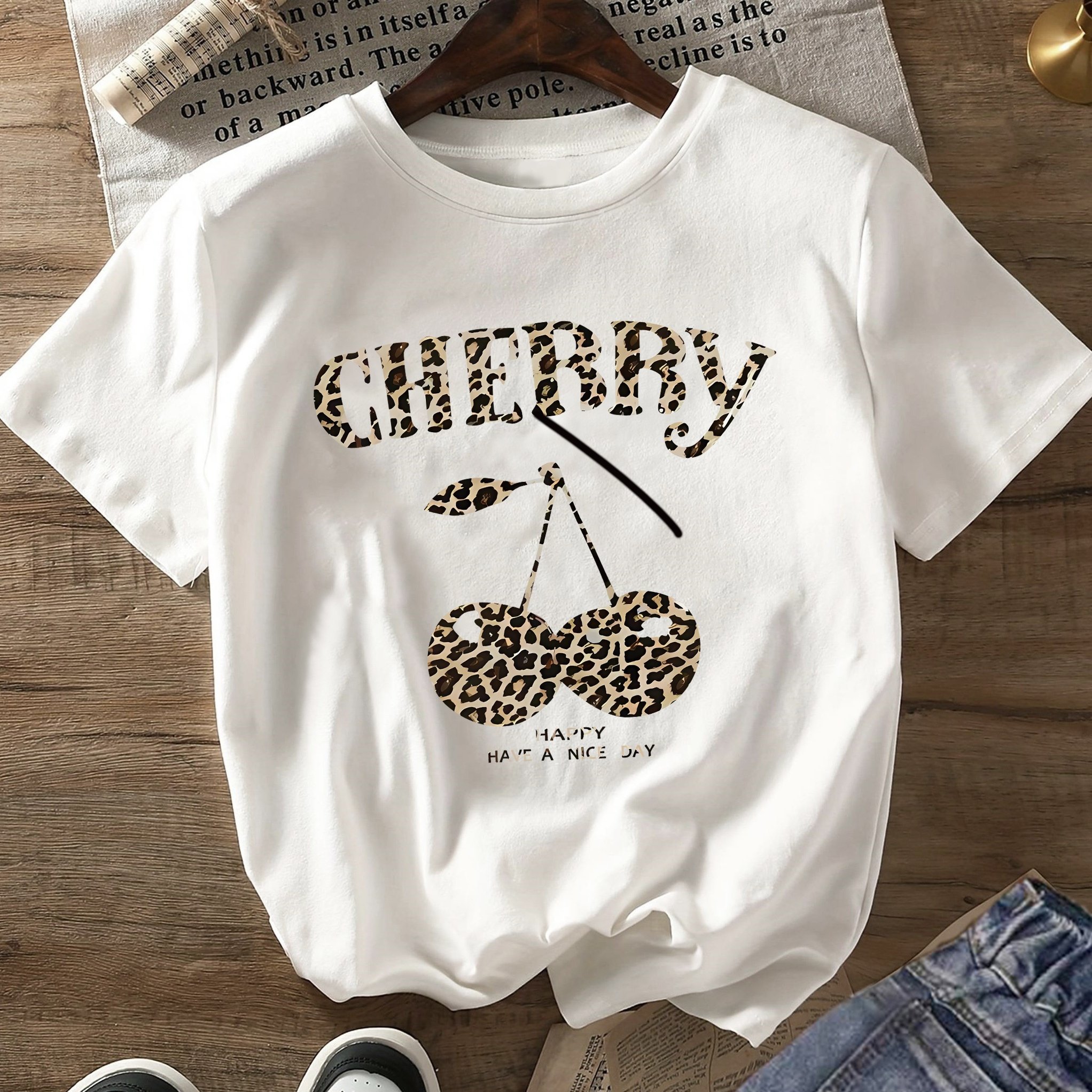 Image of Cherry Print T-shirt, Short Sleeve Crew Neck Casual Top For Summer And Spring, Women's Clothing