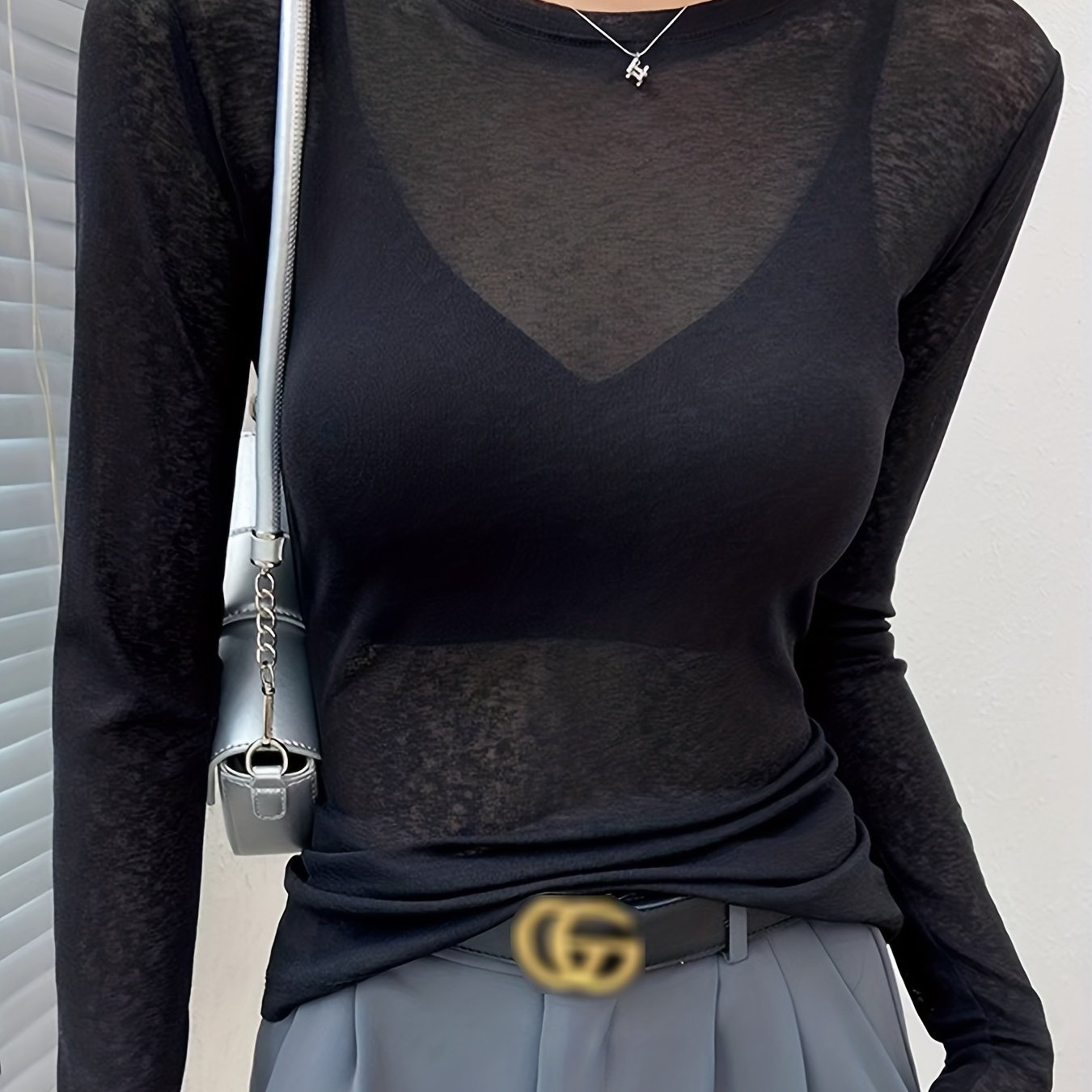 E-shop Damen Basislayer Shirt, Frühlings Sommer Unterwäsche Transparentes Mesh Top T-Shirt
