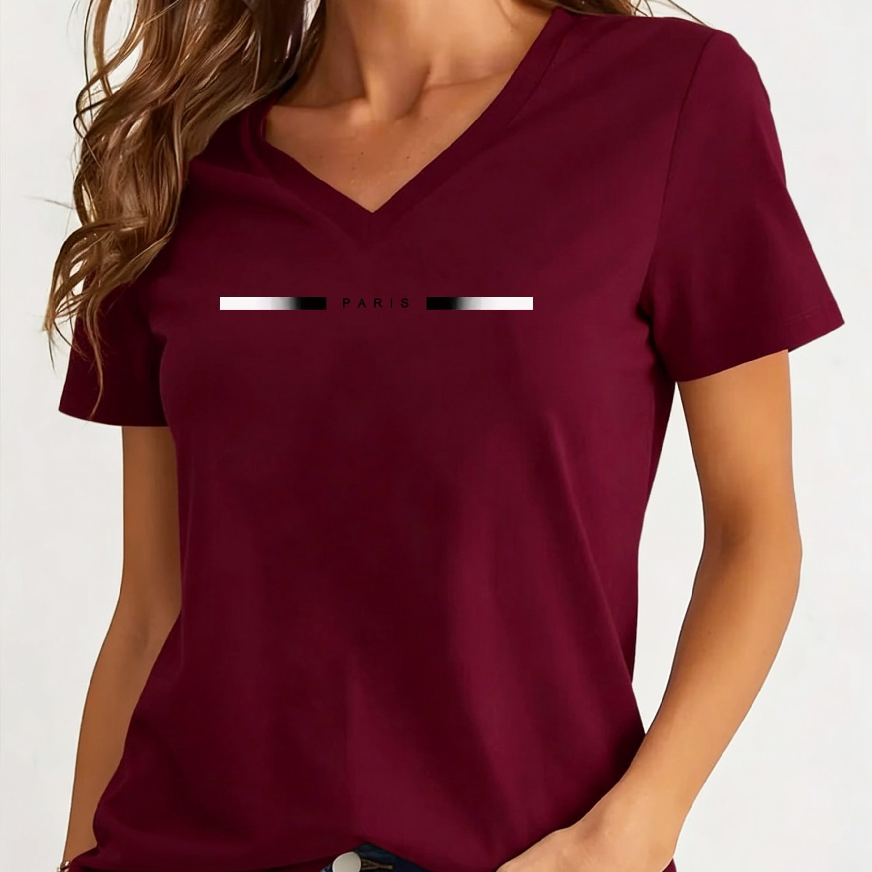 TEMU Women's V-neck Short-sleeved T-shirt - Paris Print Geometric Pattern, Essential Casual Top For Spring And Summer, Machine Washable , Cute