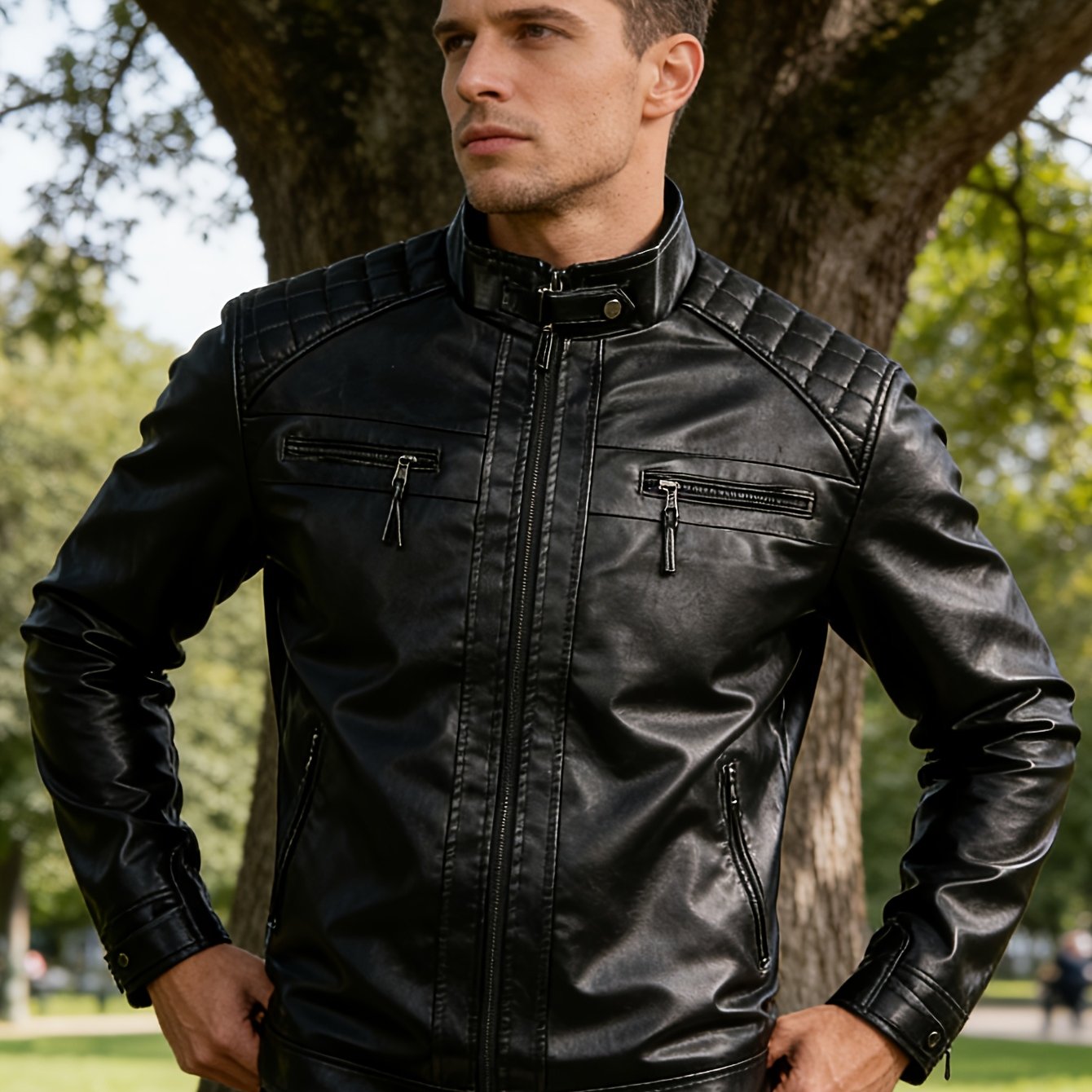 TEMU Casual Slim-fit Stand Collar Pu Jacket
