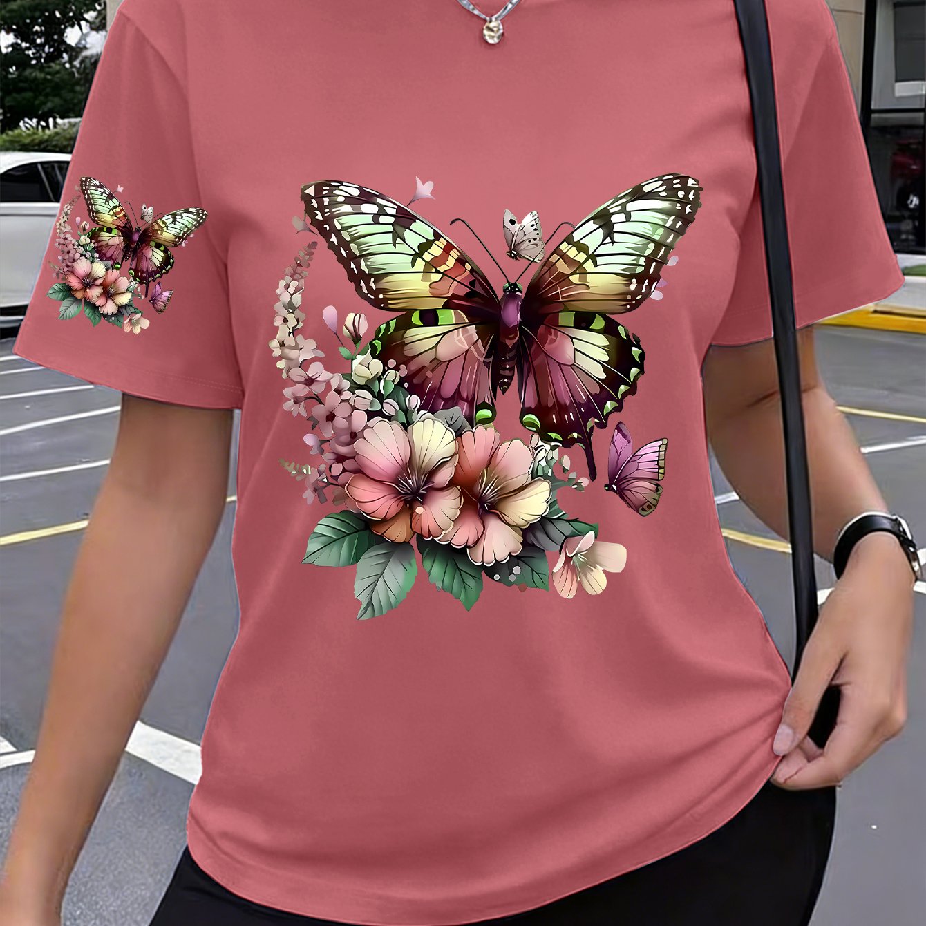 TEMU 1pc Realistic Natural Decorative Painting Print Surrounded By Flowers New Y2k -sleeved Print Women's Sportswear Summer Elegant Comfortable