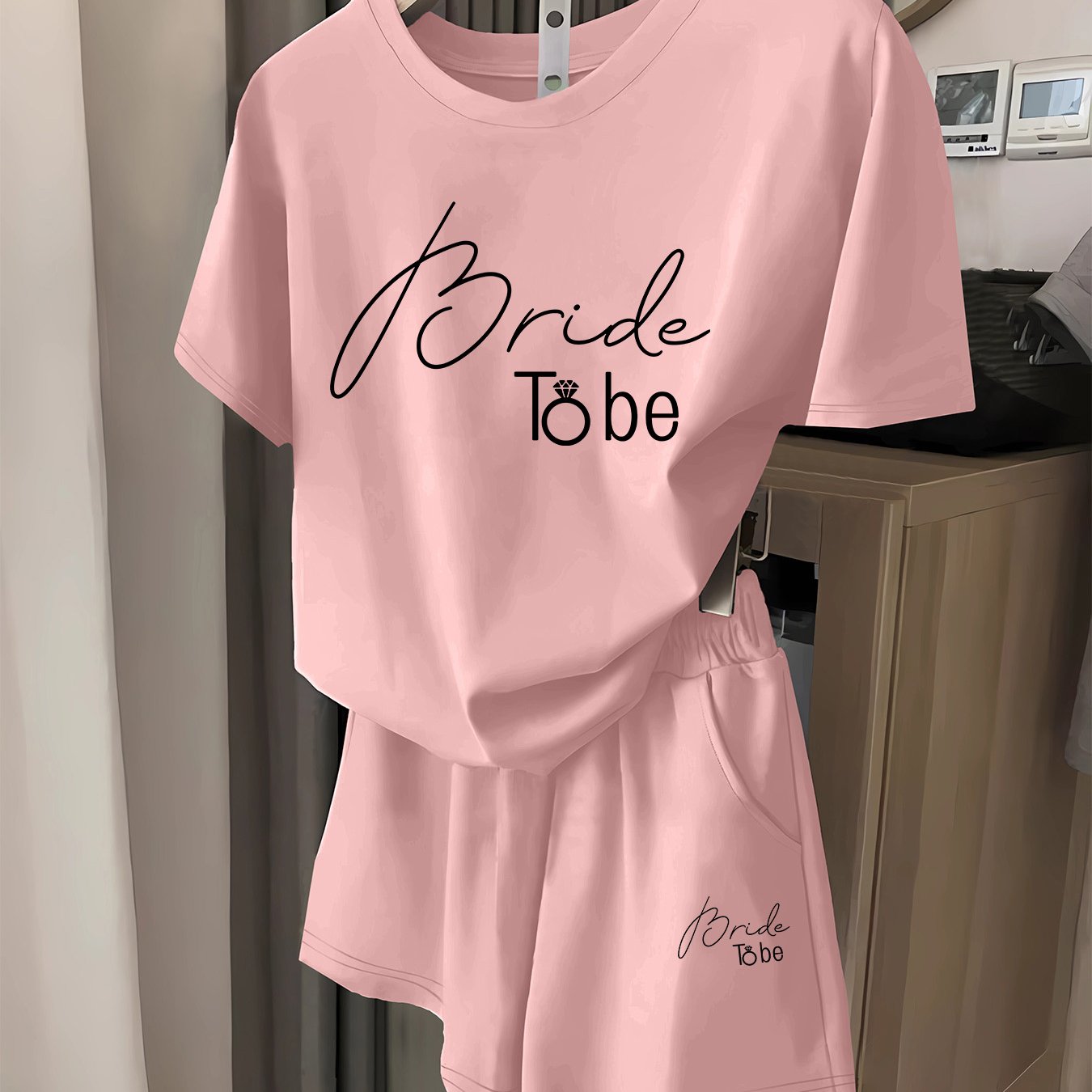 TEMU 2026 Summer New Daily Casual Simple "bride To Be" Text Print Short Sleeve T-shirt   Elastic Waist Shorts 2pcs Set