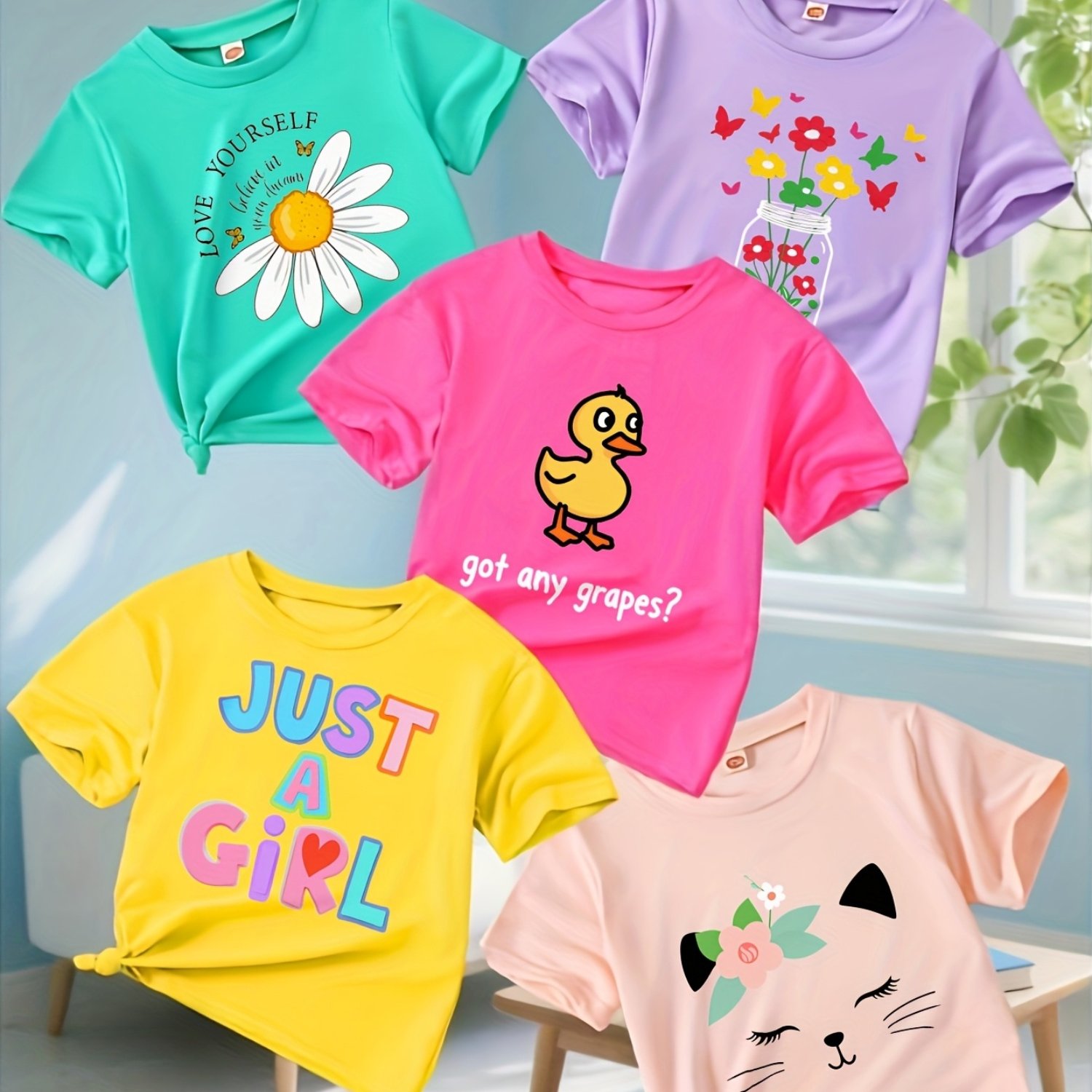 5pcs Girls' Summer Short Sleeve T-shirts - 3d Print & Cartoon, Round Neck Casual Blouses Suitable For Spring Summer Outfits, Machine Washable ' Wear