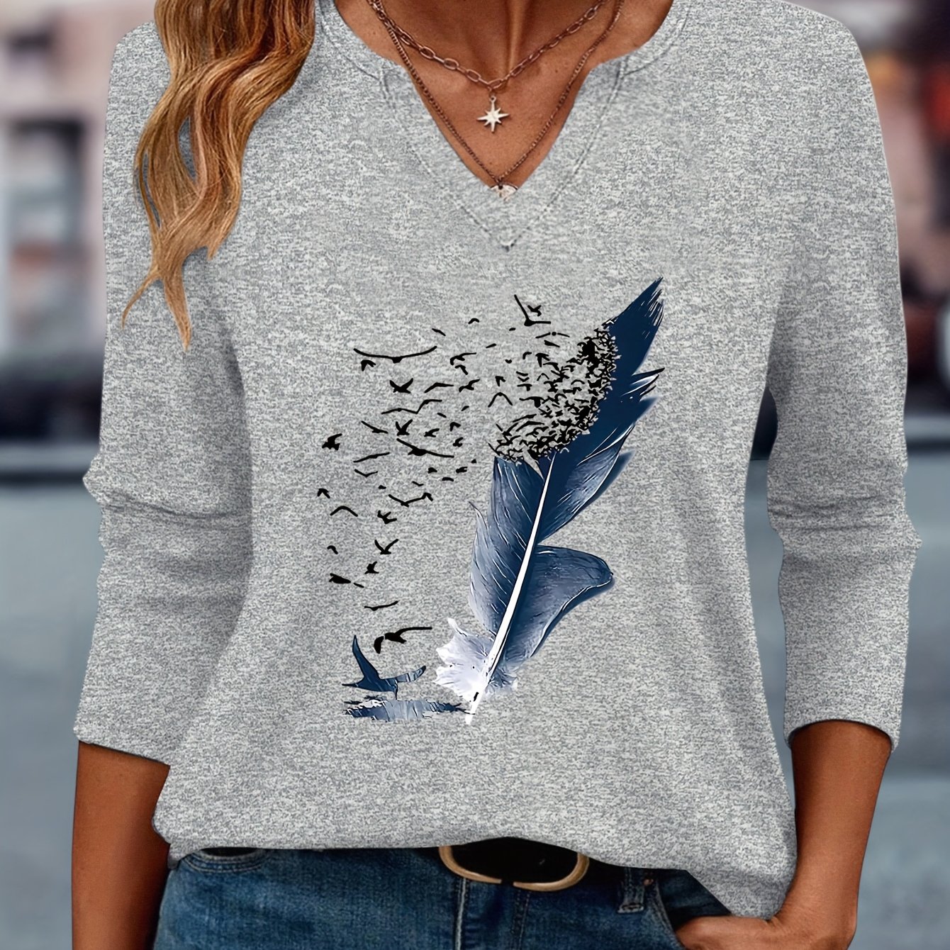 E-shop Leichtes Print Damenoberteil, Vielseitiges Bequemes Casual V-Ausschnitt T-Shirt mit Dreiviertelärmeln
