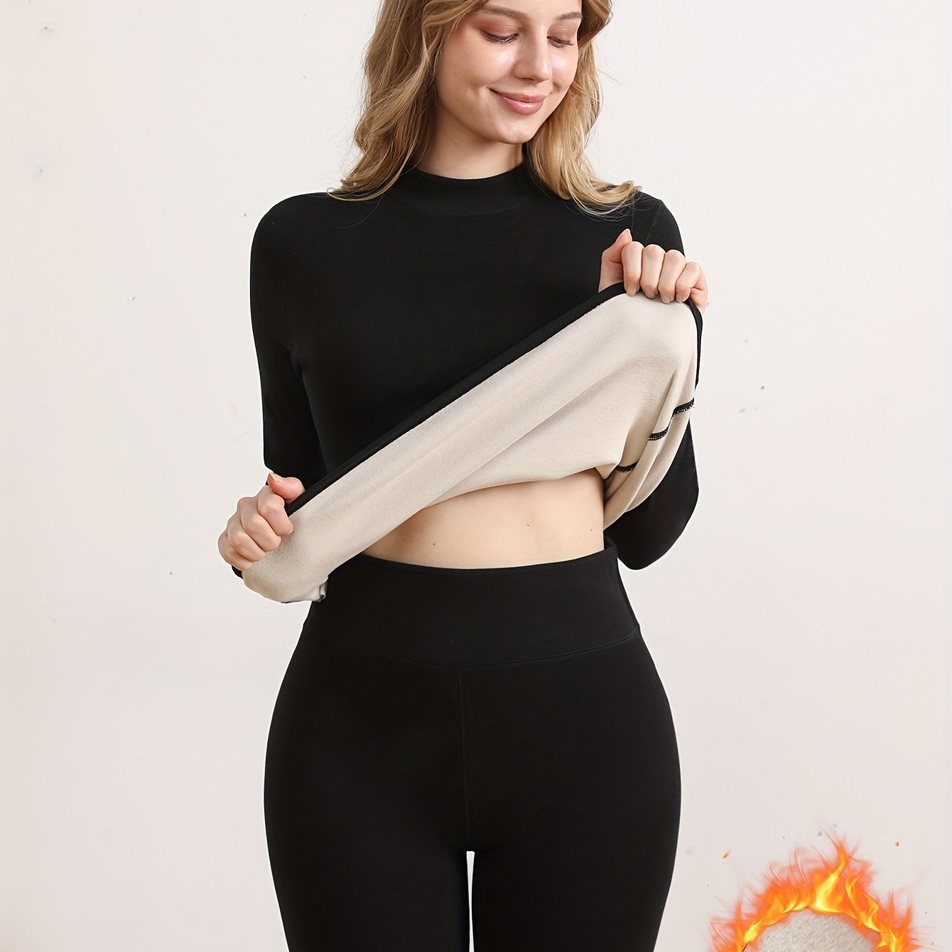 2pcs Set Autumn Winter Fleece Warm Set Women's High-elastic Thick Base Layer Top And Pants