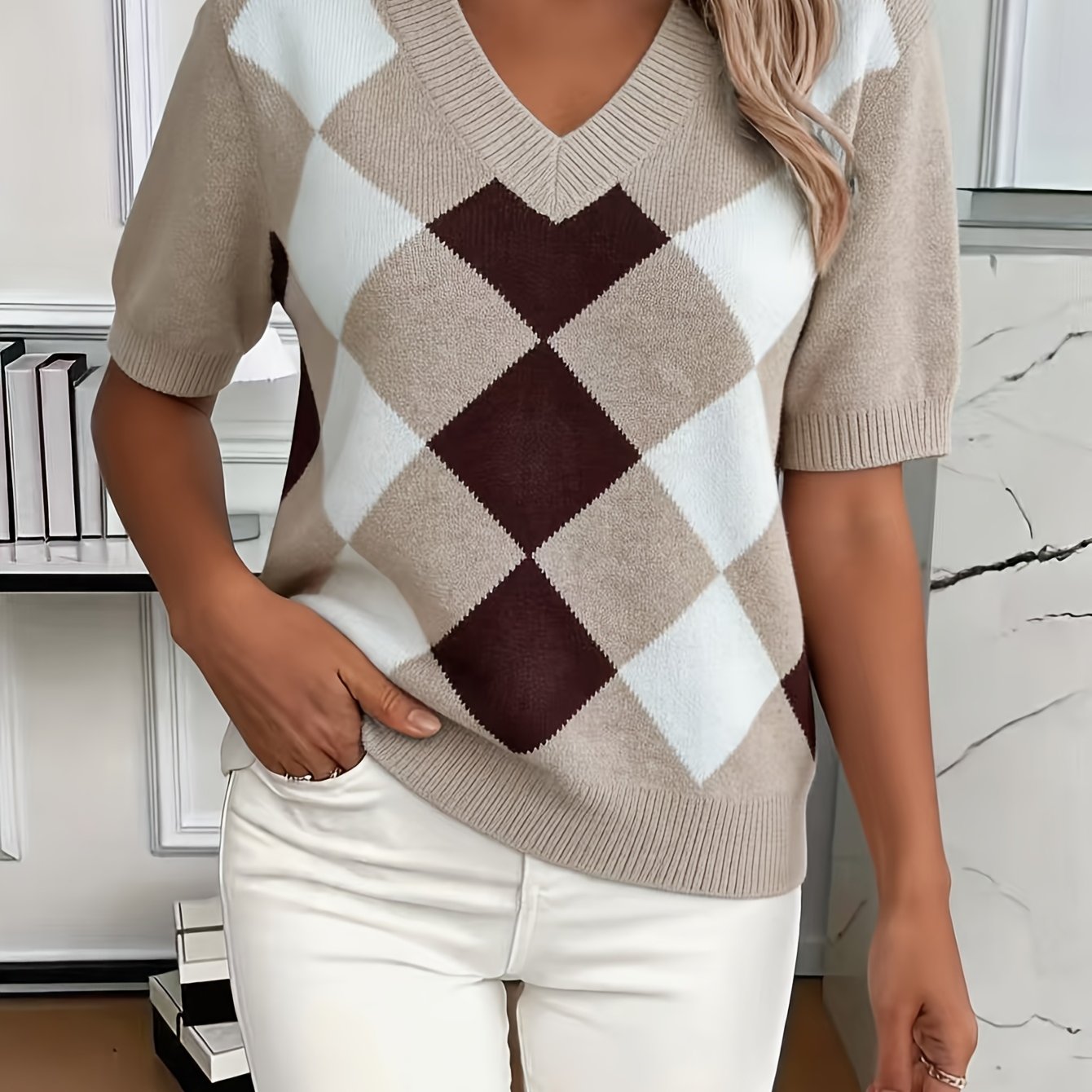 TEMU Elegant Style Women's Short Sleeve Top, Suitable For Spring Casual Wear, Diamond Pattern Color-block Sweater