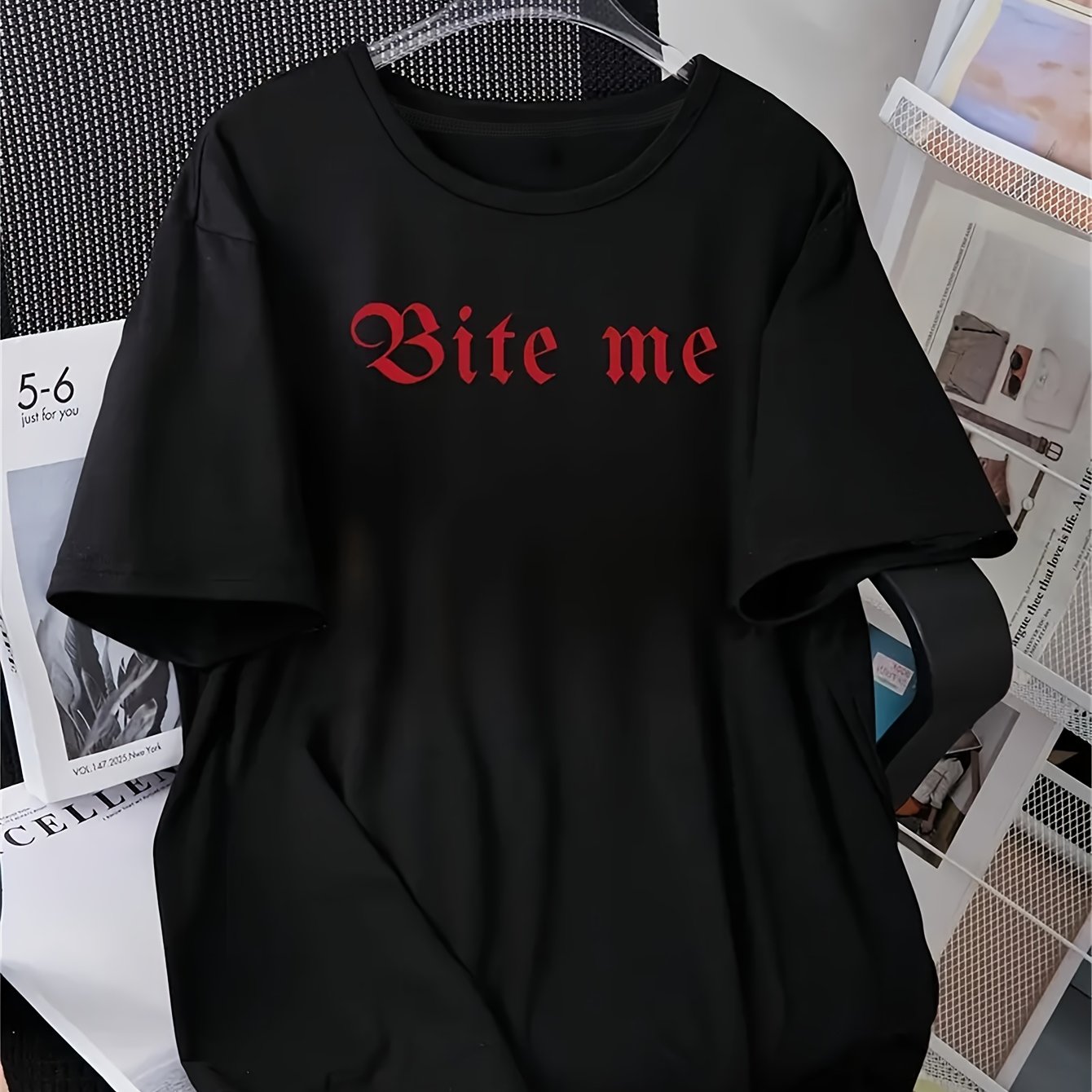Image of 1pc Y2k Gothic-inspired Women's T-shirt With "" Red Letter Print, Casual Round Neck Tee, Perfect For Casual Attire Or Gifts, Tshirt | Statement Tee | Glossy Texture Printed Shirts For Men And Women