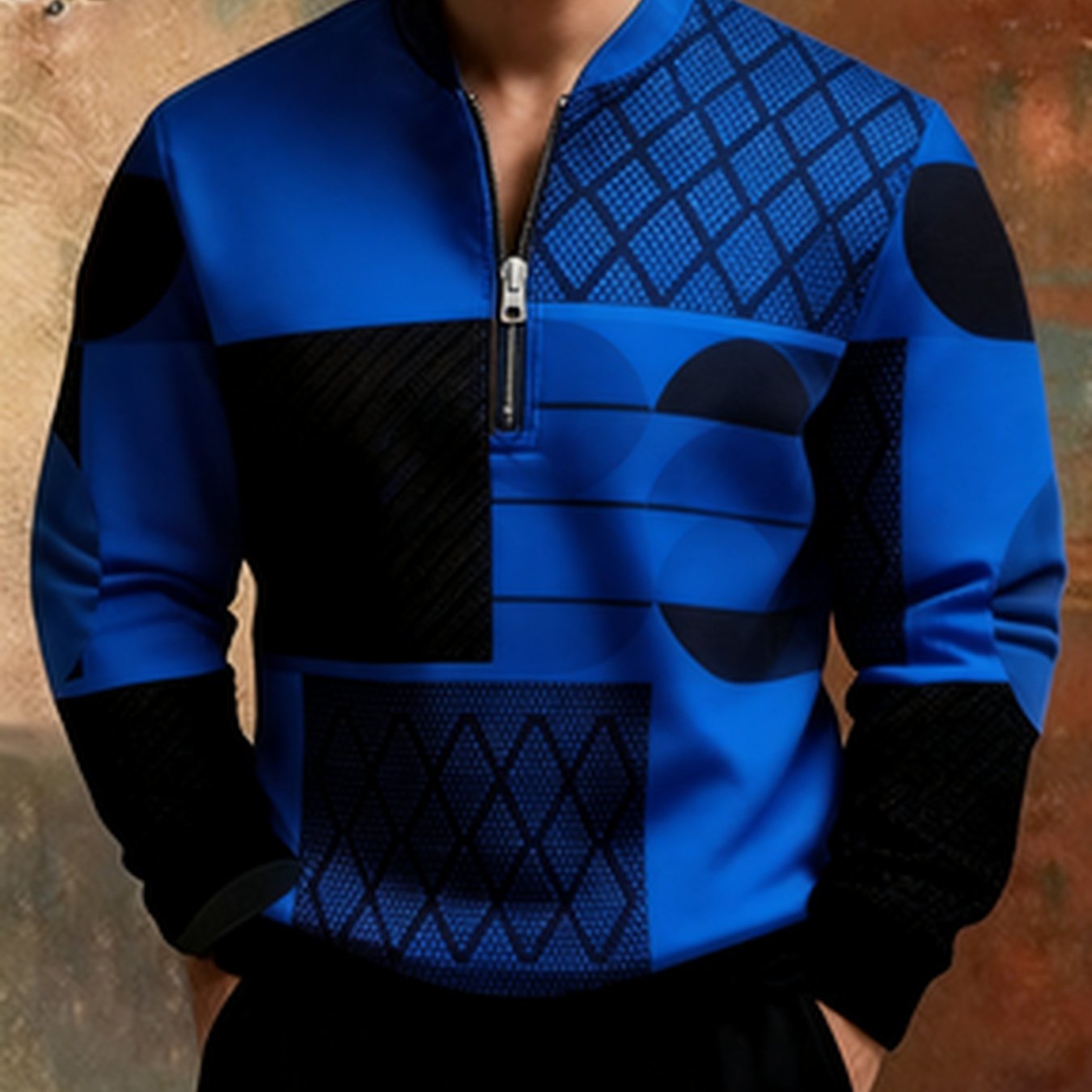 Image of Royal Blue Geometric Badge Print Men's Half Zip Stand Collar Long Sleeve Pullover Sweatshirt All Over Color Block Splicing Trendy -garde Design Versatile Casual Top