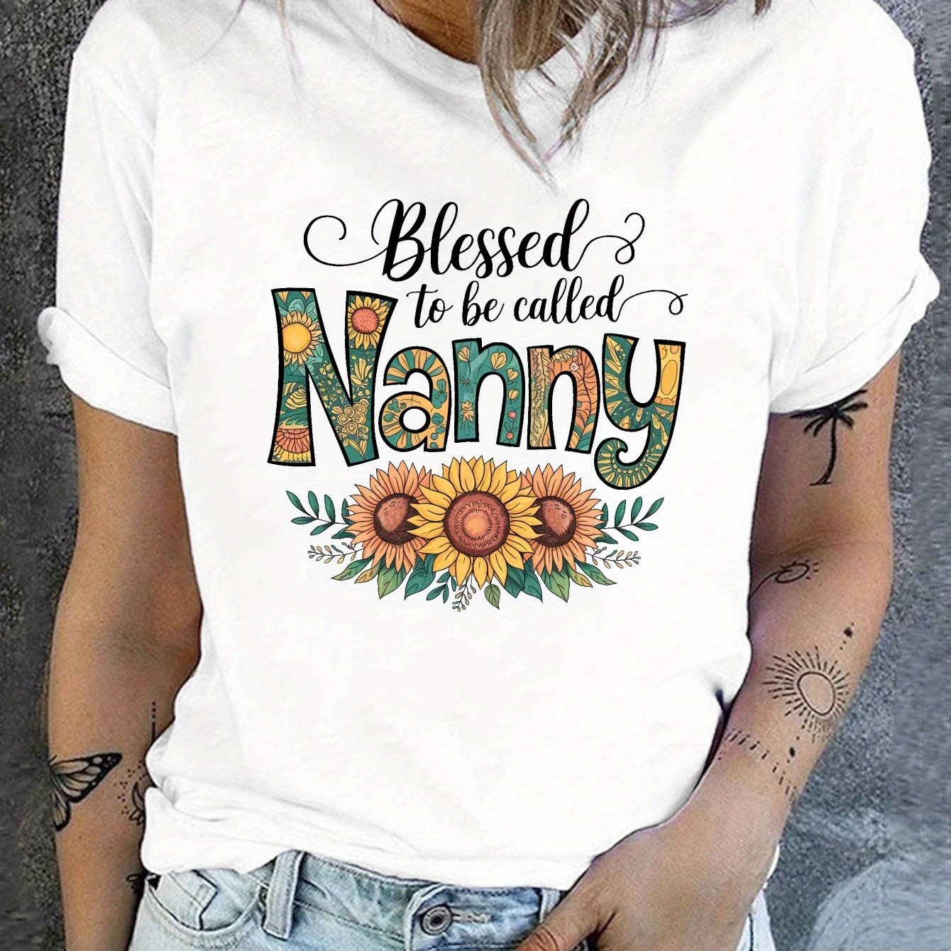 TEMU Sunflower Blessed To Be Called Nanny Print T-shirt, Short Sleeve Crew Neck Casual Top For Summer & Spring, Women's Clothing