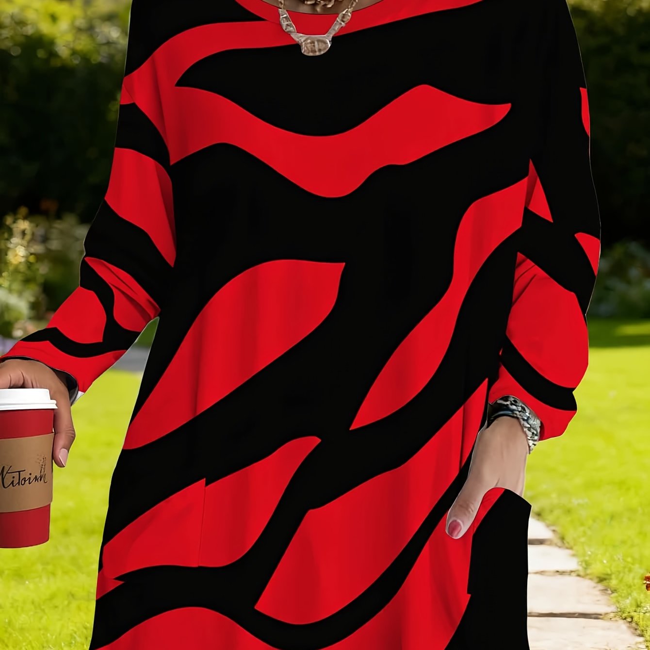 TEMU Plus Size, Women's Plus Size Abstract Stripe T-shirt - Long Sleeve Round Neck Blouse With Pockets, Casual Top, Durable Comfortable Fabric For