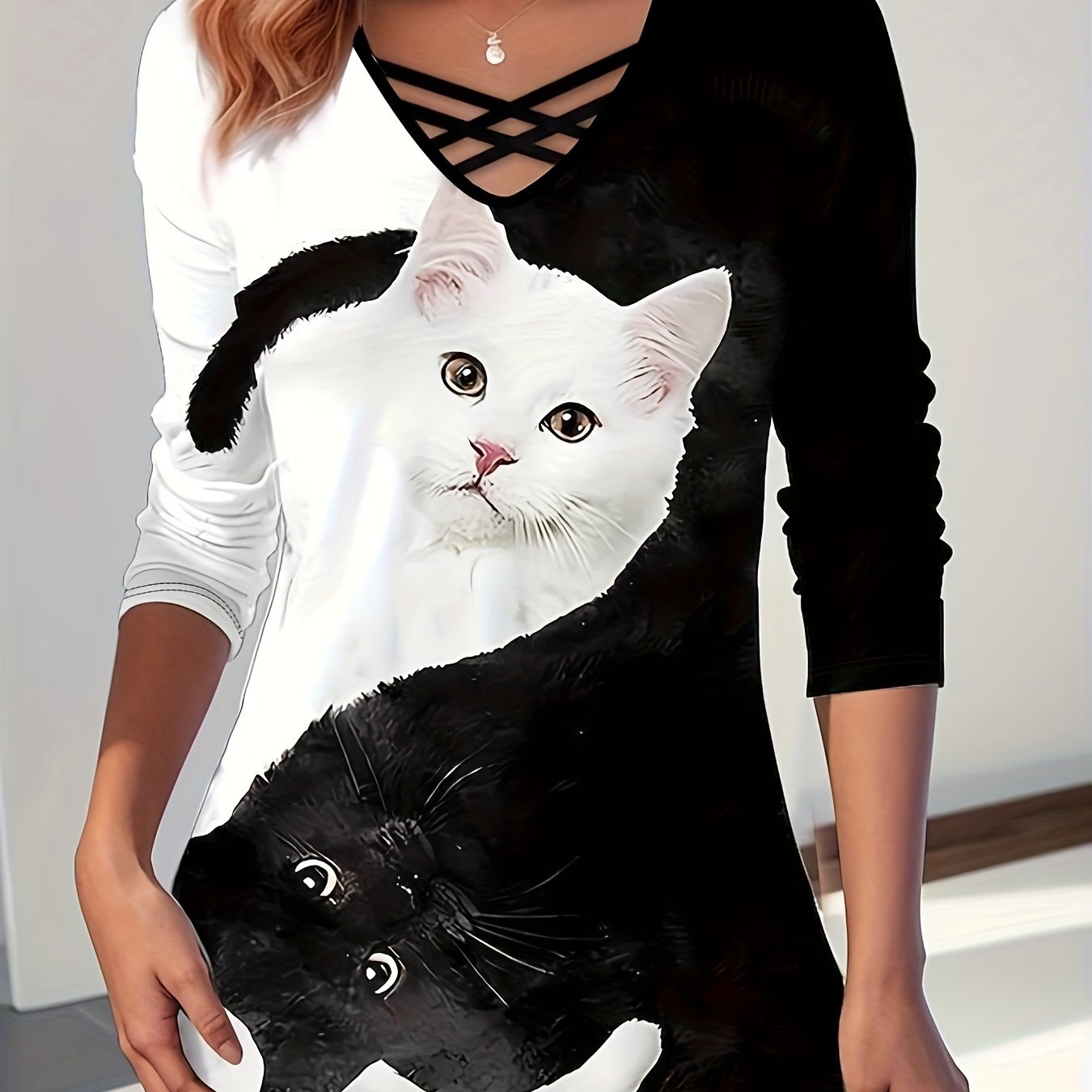 TEMU Cat Print V Neck T-shirt, Casual Long Sleeve T-shirt For Spring & Fall, Women's Clothing