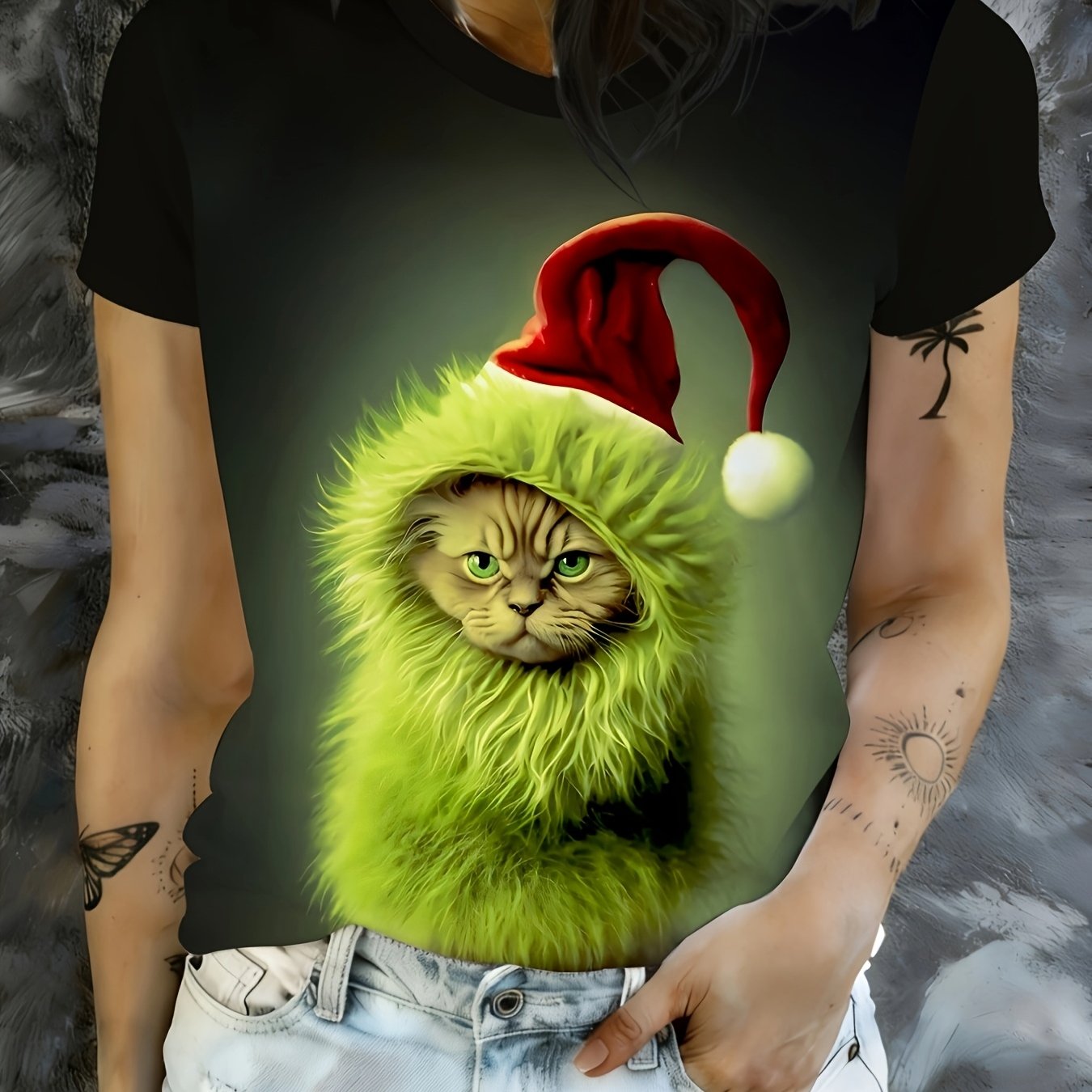 TEMU Women's Olive Green Christmas T-shirt With Santa Hat Print - Short Sleeve Crew Neck -compatible Top Suitable For Holiday Parties, Daily Wear &