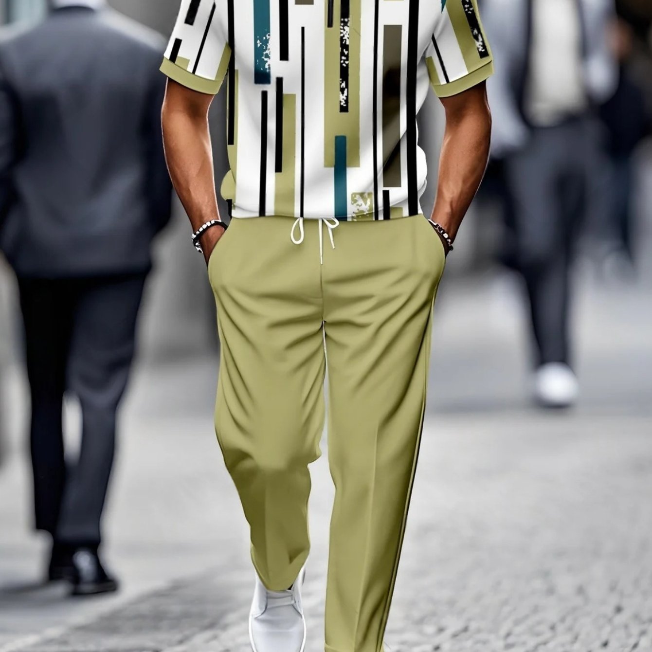 2pcs Set [new Summer Release] Men's Casual Fashion Loose Stand Collar Half-zip Short Sleeve And Pants Sports Set - Short Sleeve Top And Pants