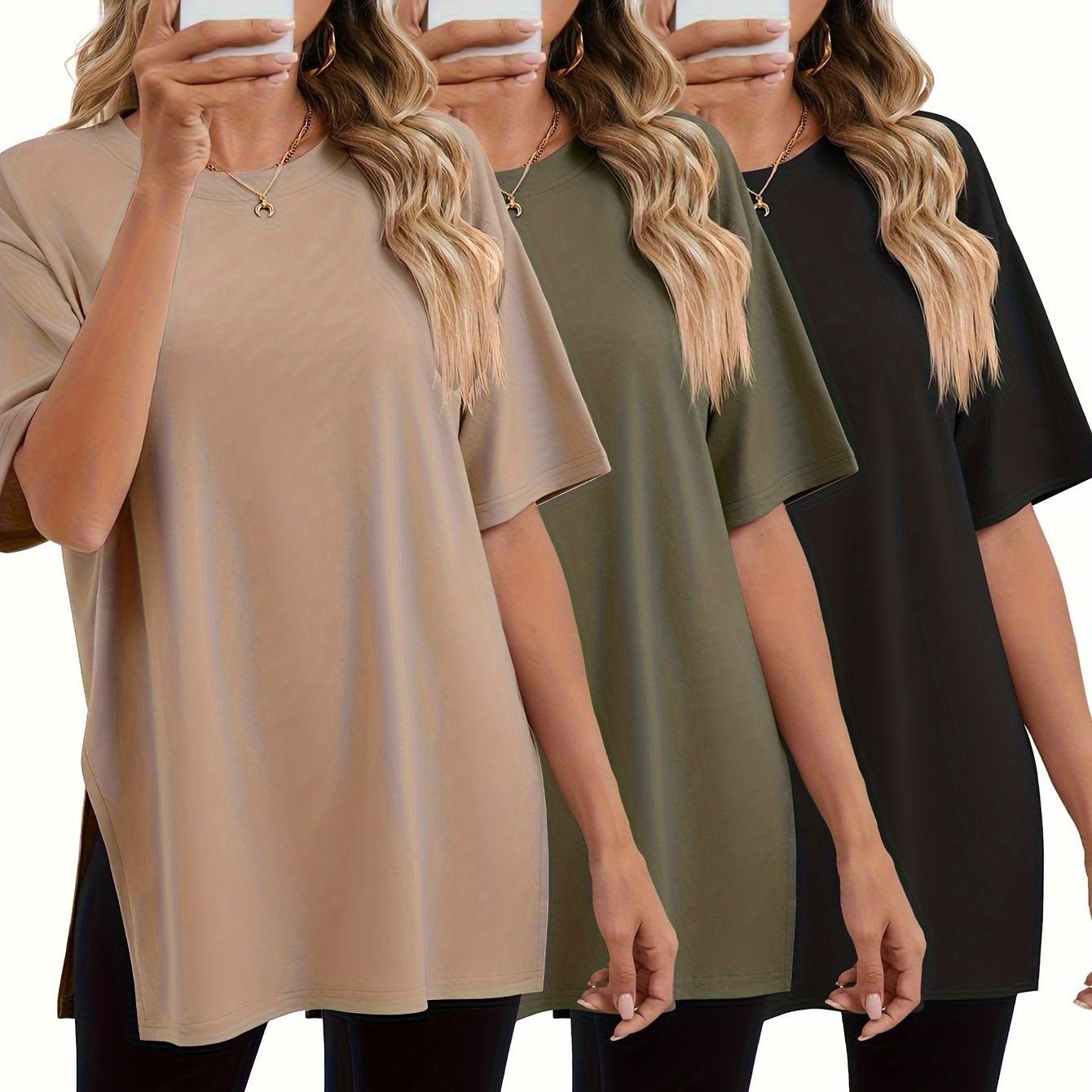 Image of Plus-size Women'-piece Set Featuring An Oversized T-shirt With Short Sleeves, Side Slits, A Round Neck, And A Relaxed Fit For Casual